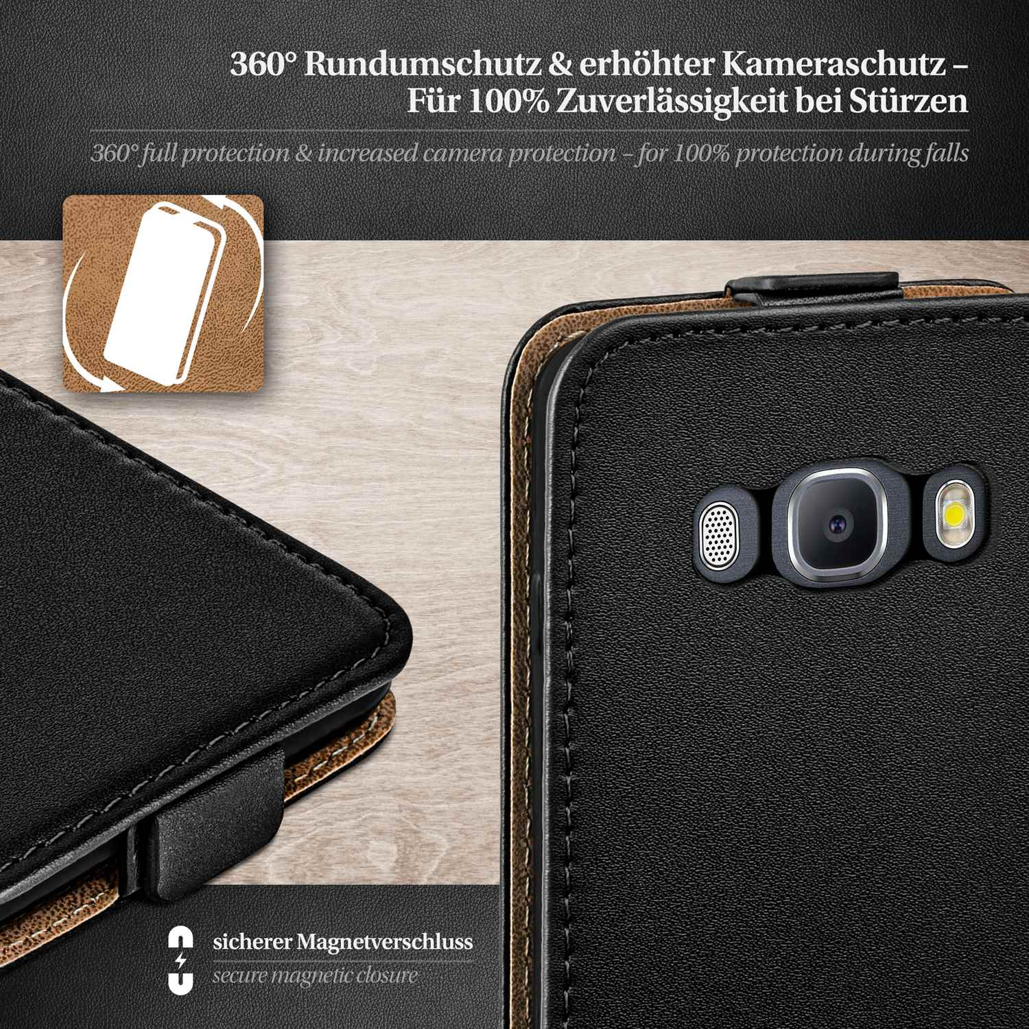 Schwarze Handyhülle mit Kamera- und Magnetverschlussdetails, Schutzfunktionen.