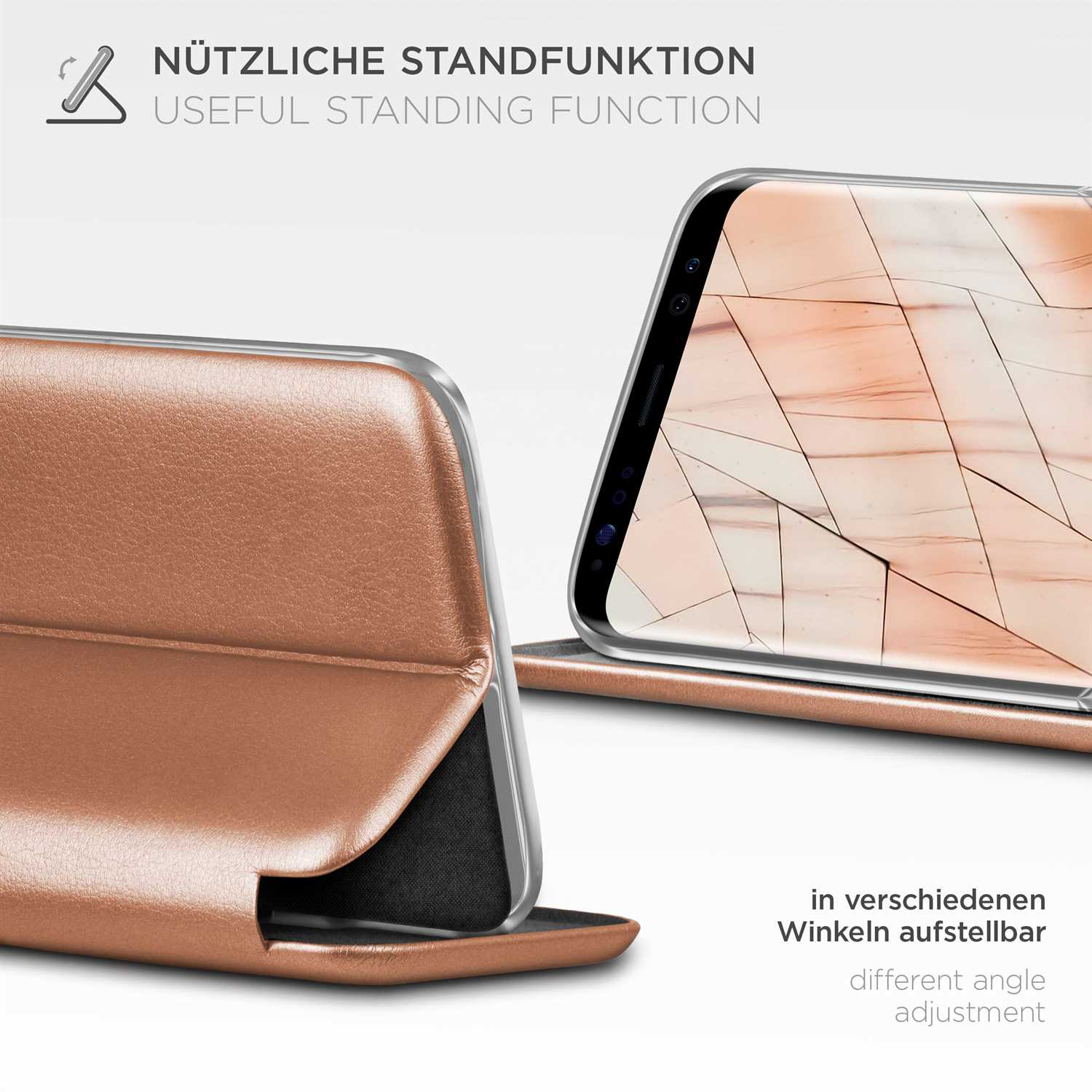 Eine braune Handyhülle ist geöffnet und zeigt ein Handy. Text weist auf eine nützliche Standfunktion hin.
