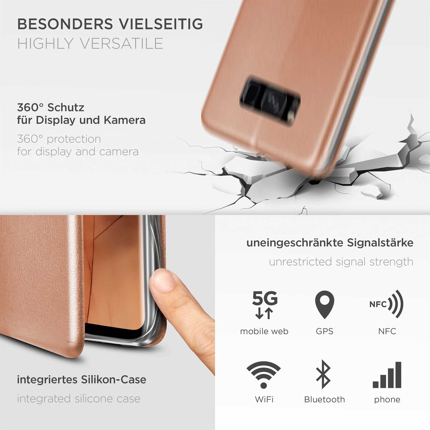 Handyhülle mit Symbolen: 5G, GPS, NFC, Wi-Fi, Bluetooth und Telefon. Text: 'Besonders vielseitig' und 'Integriertes Silikon-Case'.