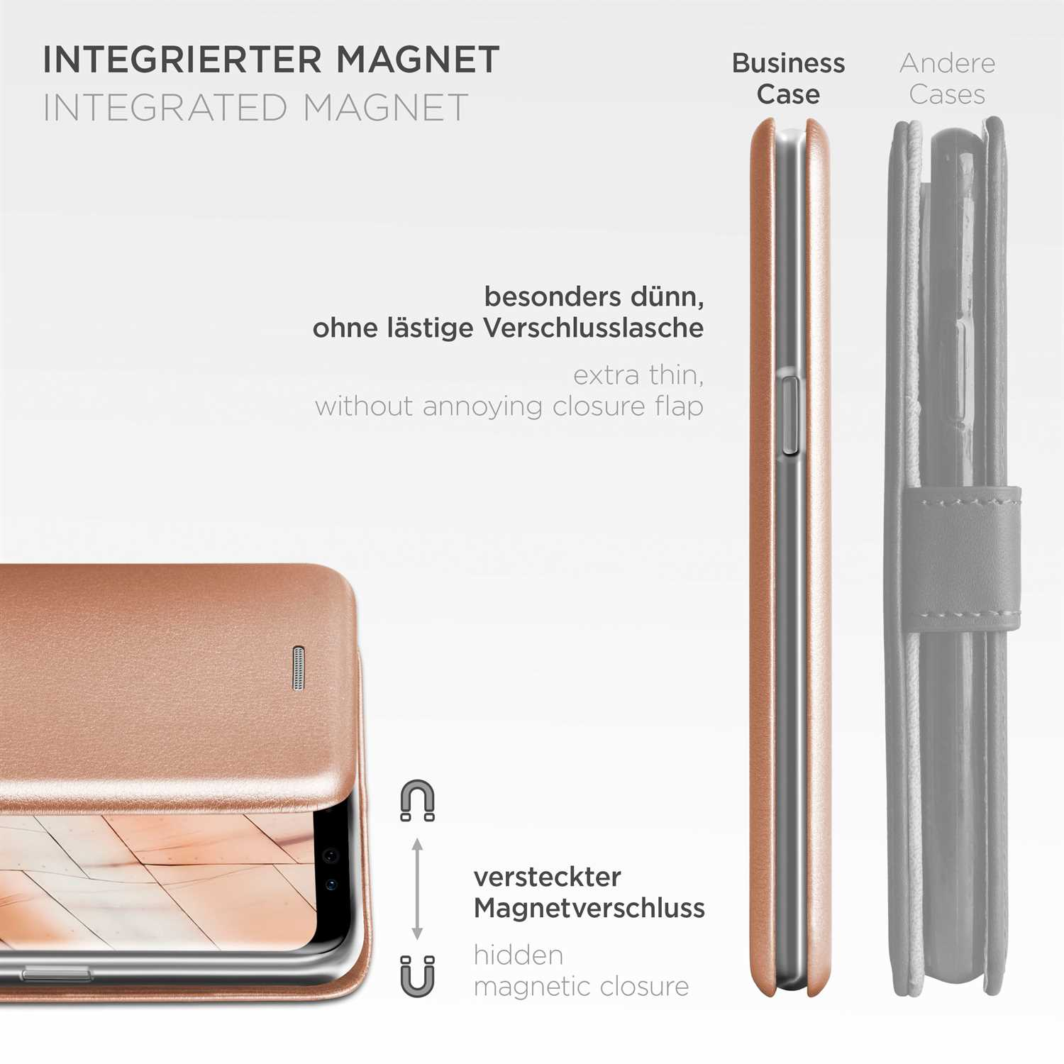Handyhülle mit integriertem Magneten und verstecktem Magnetverschluss. Text: Besonders dünn, ohne lästige Verschlusslasche.