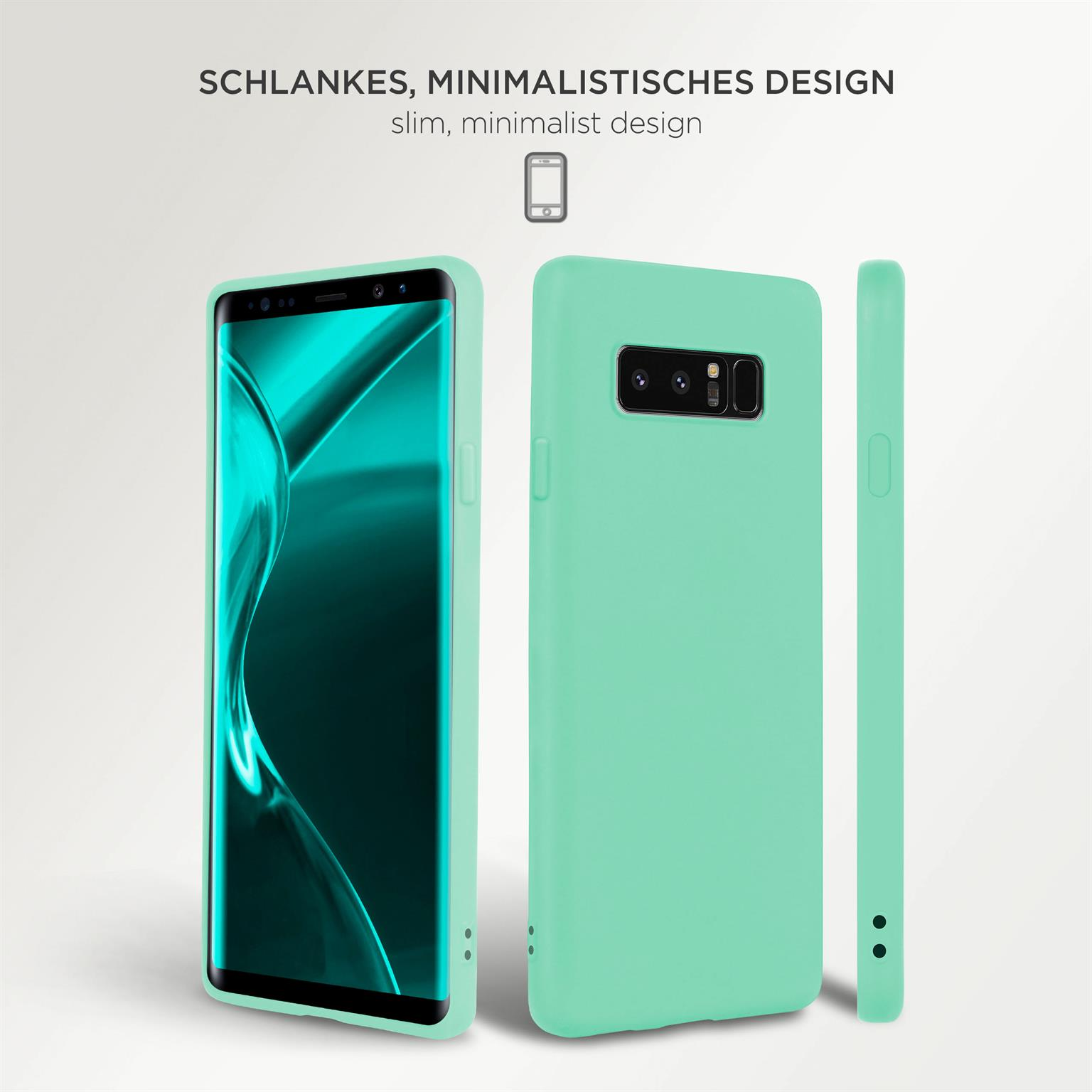 Drei Handyhüllen: Telefon mit tealfarbener Hülle, grüne Hülle, Seitenansicht der grünen Hülle. Weißer Hintergrund.