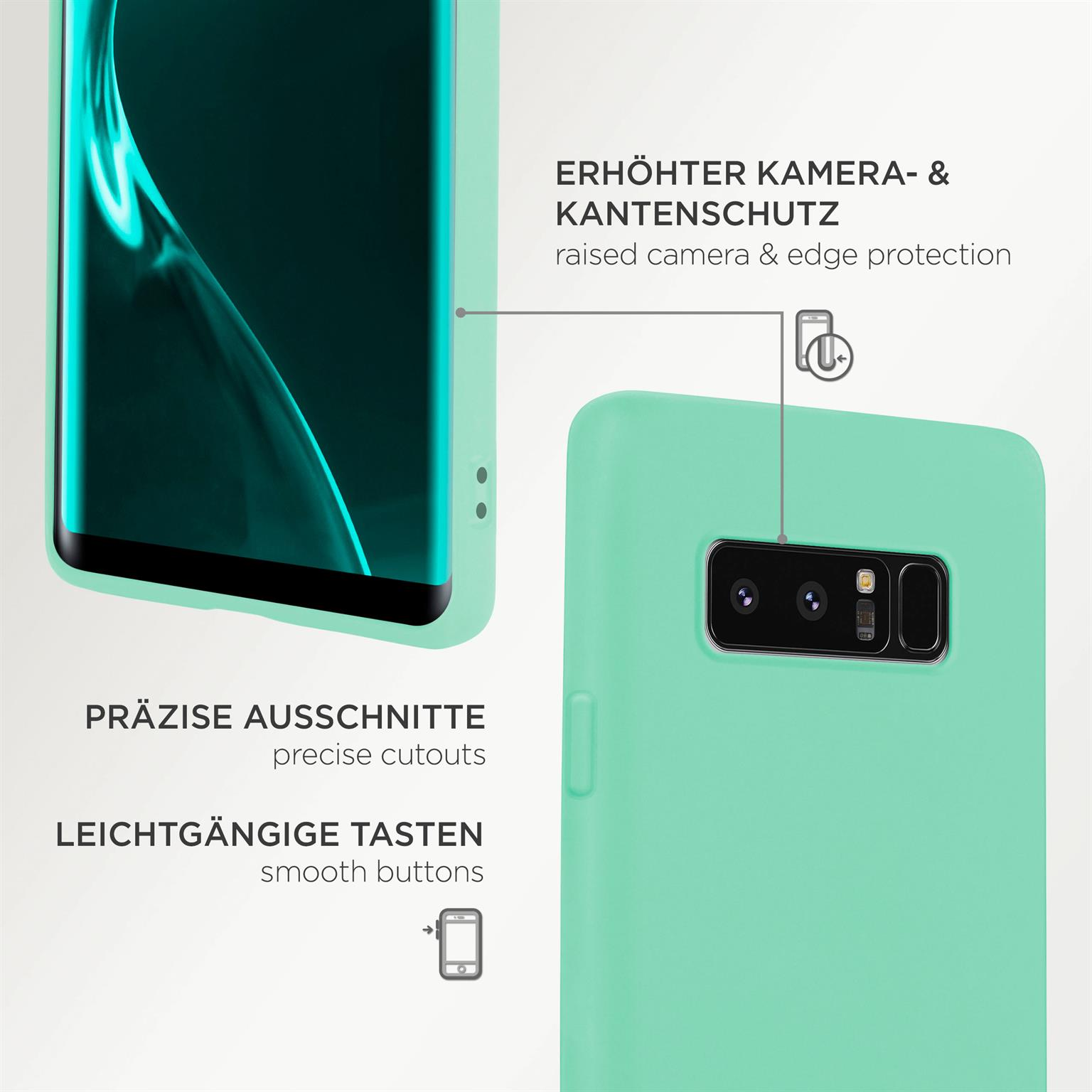 Grüne Handyhülle. Text erwähnt erhöhten Kamera- und Kantenschutz, präzise Ausschnitte und glatte Tasten.