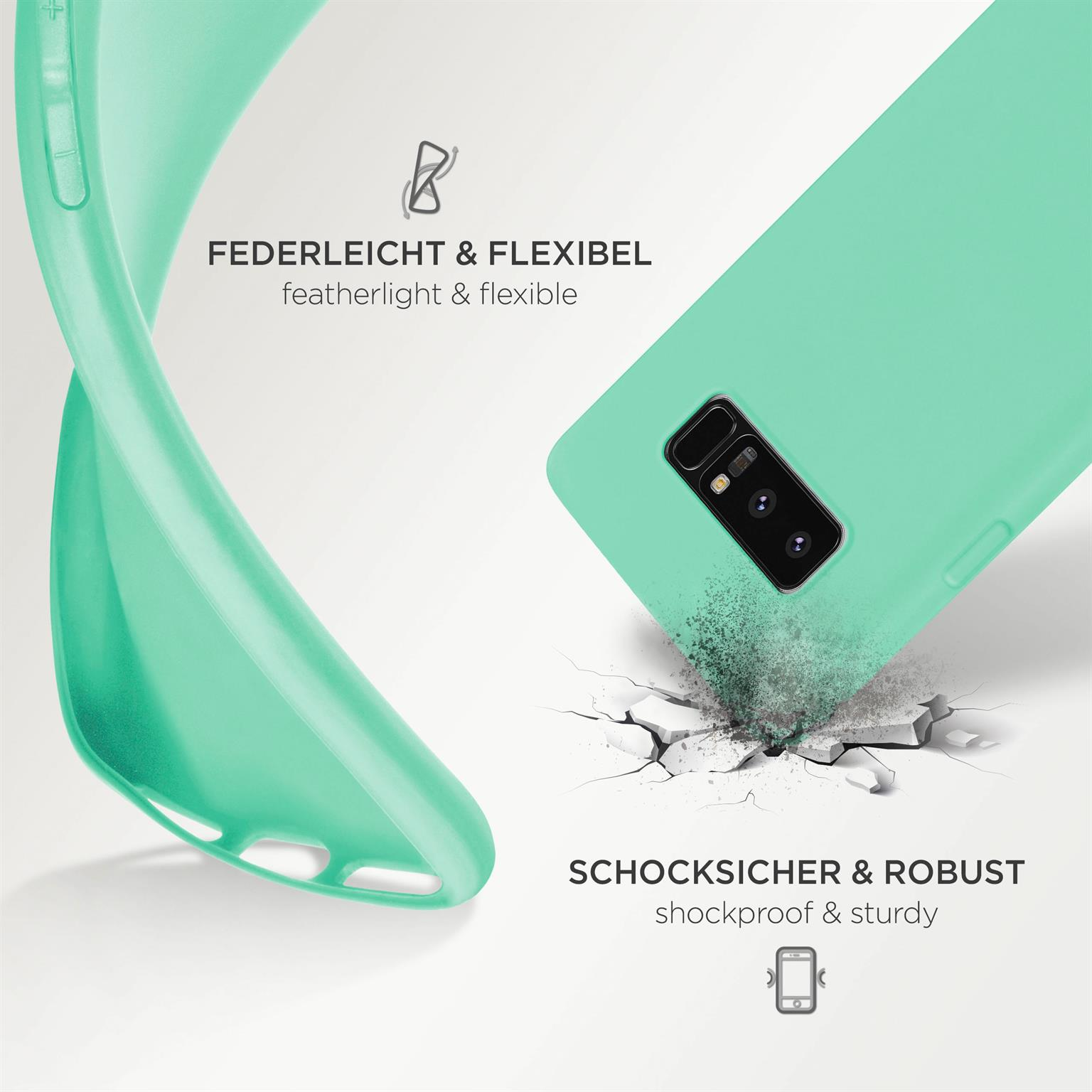 Minzgrüne Handyhülle gebogen, mit Text: 'federleicht & flexibel' und 'stoßfest & robust'.