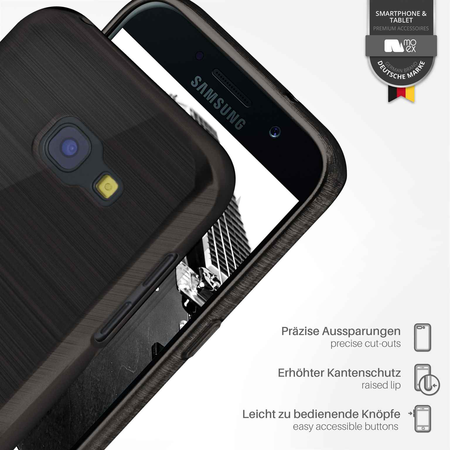 Schwarze Handyhülle auf einem Telefon. Details der Hülle und eines Telefons werden gezeigt.