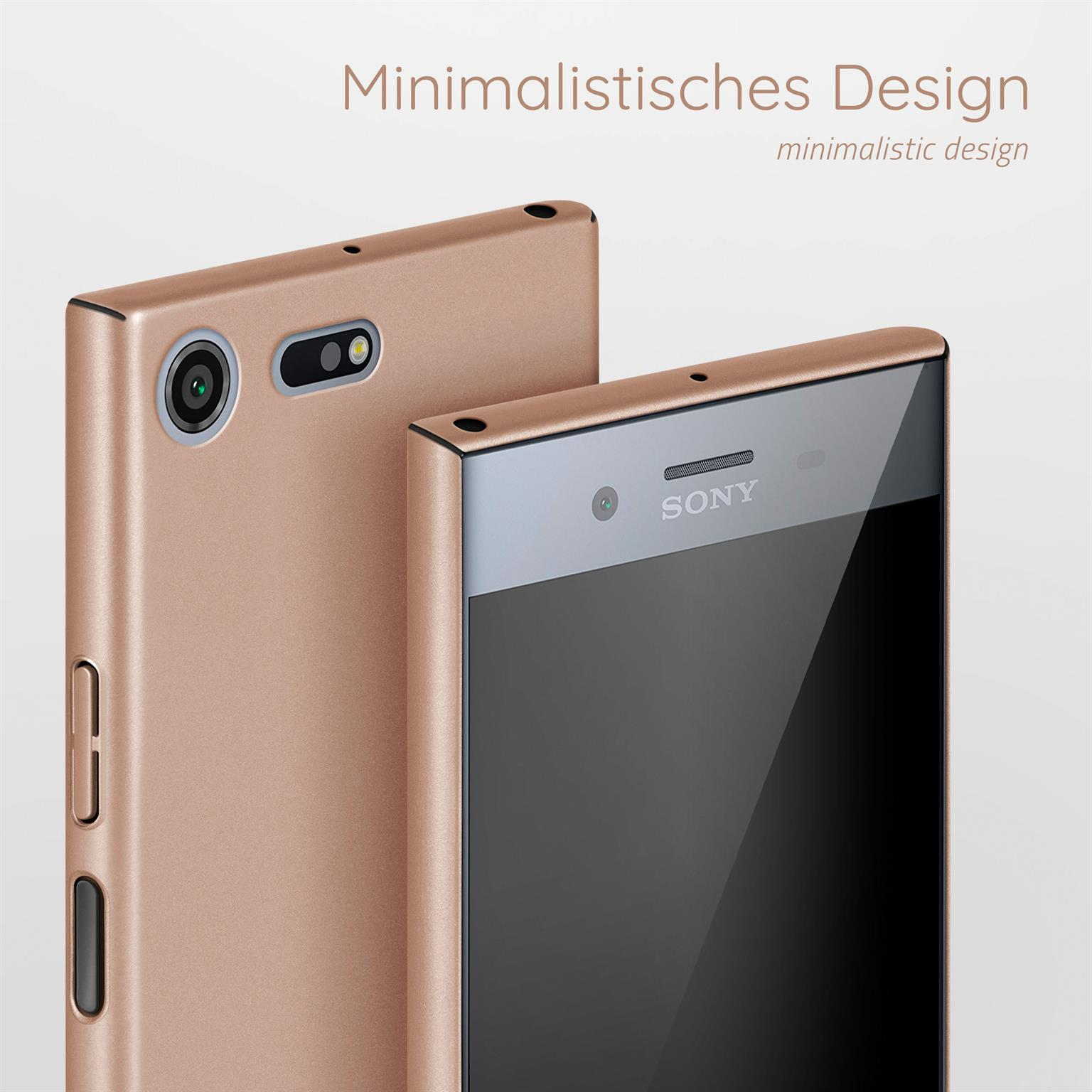 Zwei roségoldene Telefone nebeneinander. Eines zeigt die Rückseite, das andere den Bildschirm.