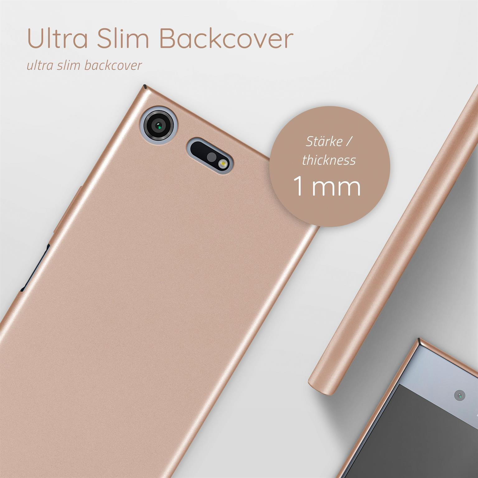 Roségoldene Handyhülle, 1 mm dick. Telefon teilweise sichtbar. Weißer Hintergrund.