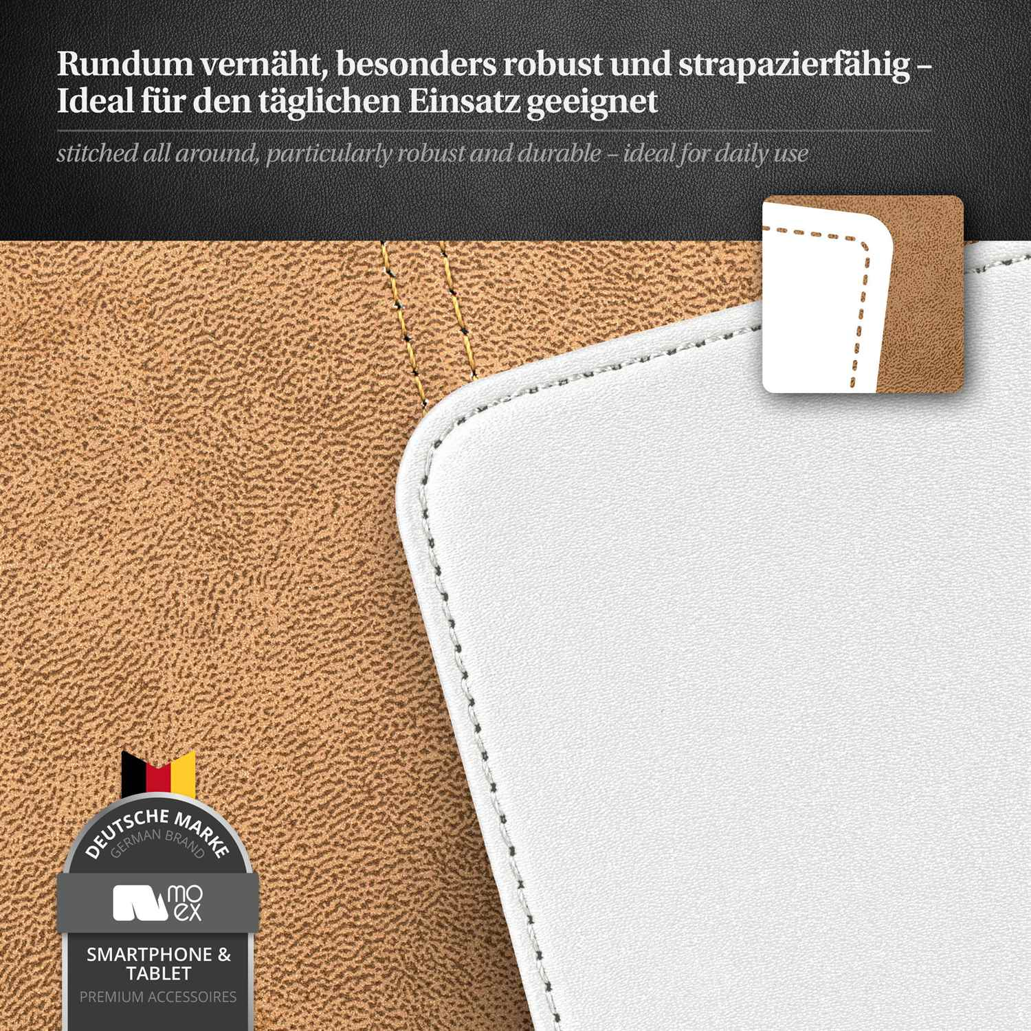 Nahaufnahme einer braunen und weißen Handyhülle mit Text: 'ideal für den täglichen Gebrauch'.