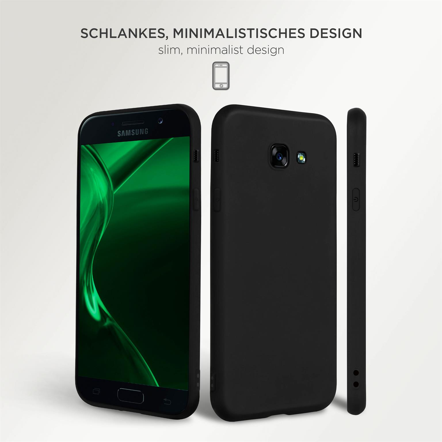 Drei Ansichten eines schwarzen Telefons mit grünem Bildschirm, in einer schwarzen Hülle, auf weißem Hintergrund.