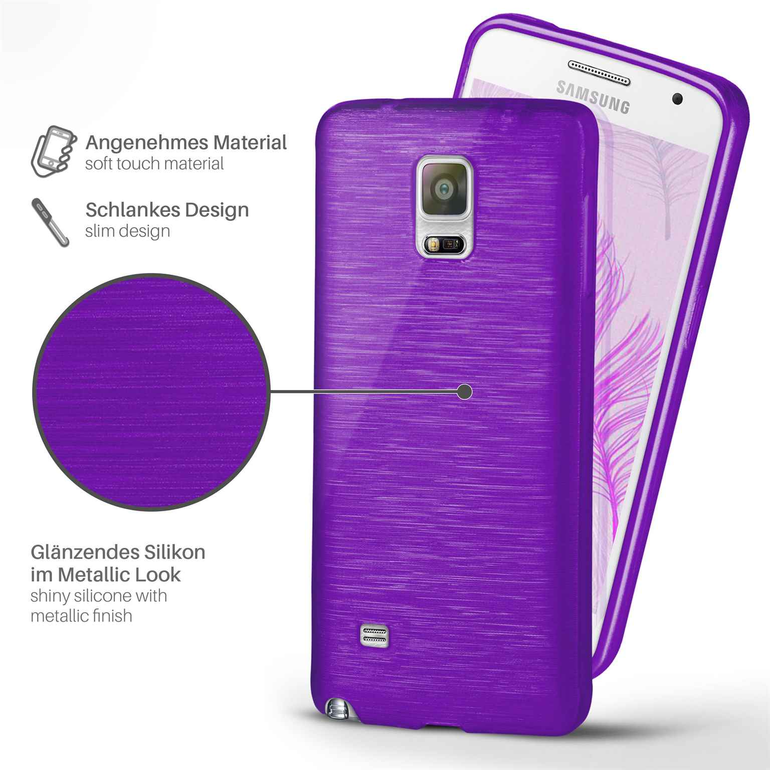 Lila Handyhülle mit strukturiertem Metallic-Look. Ein weißes Samsung-Telefon wird dahinter gezeigt.