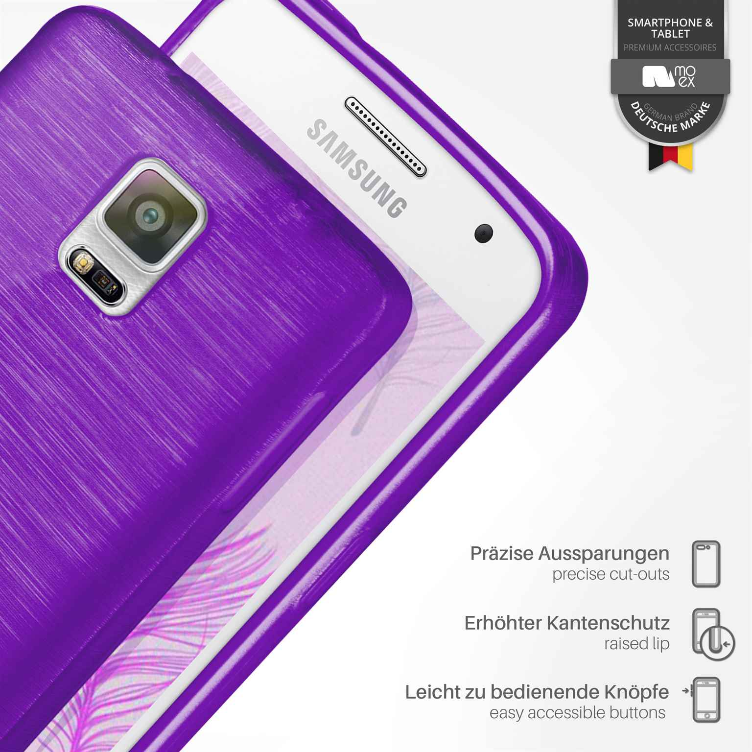Lila Handyhülle auf einem weißen Samsung-Handy. Text: Präzise Aussparungen, erhöhte Lippe.