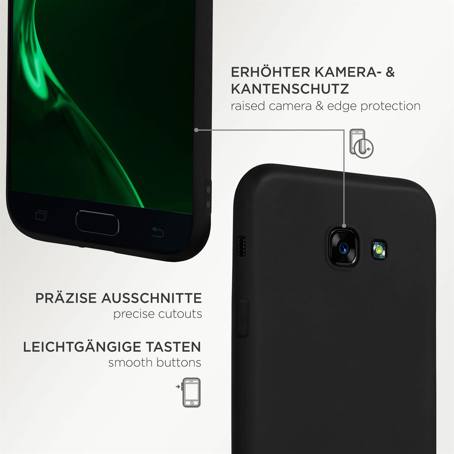 Nahaufnahme einer schwarzen Handyhülle mit präzisen Aussparungen und glatten Tasten.