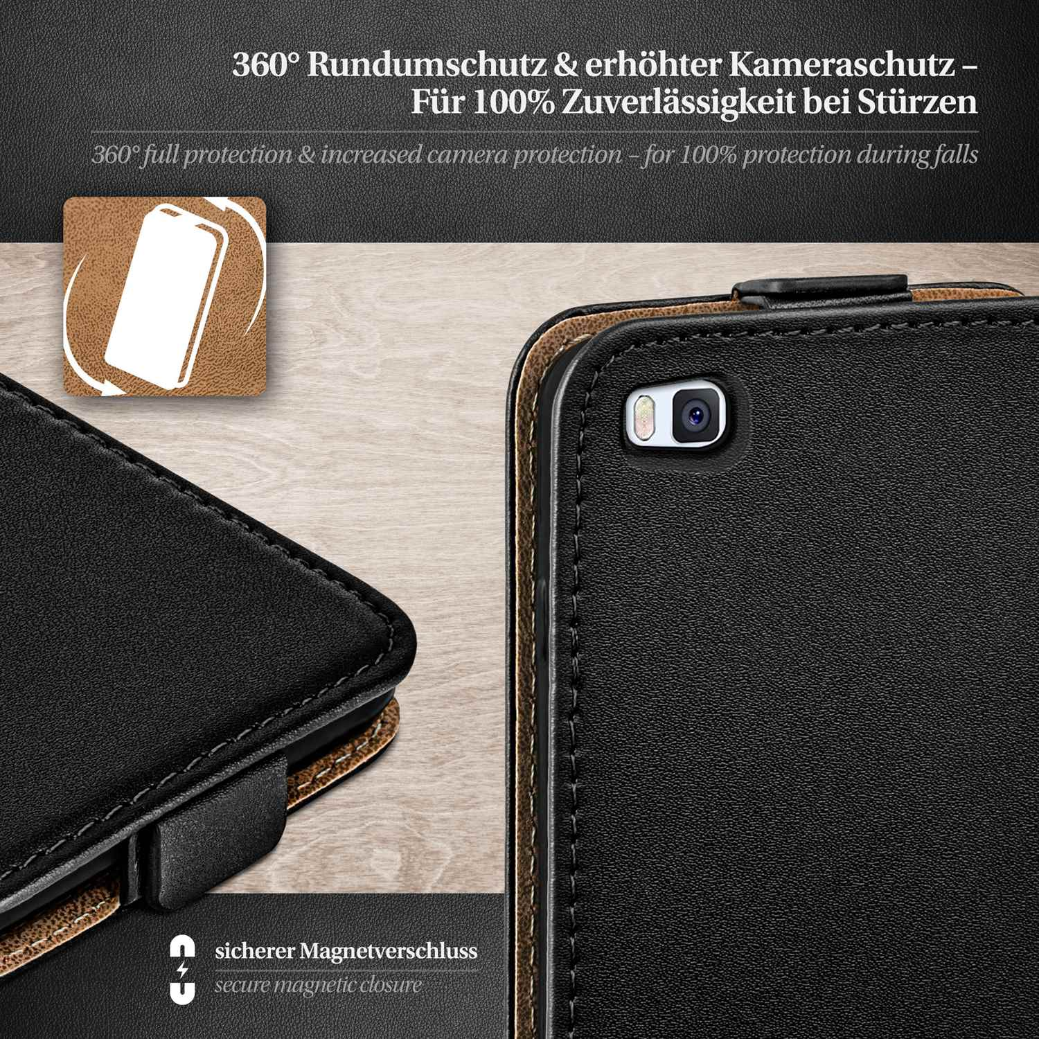 Nahaufnahme einer Handyhülle mit schwarzer Vorder- und brauner Rückseite. Text: 360° Rundumschutz.