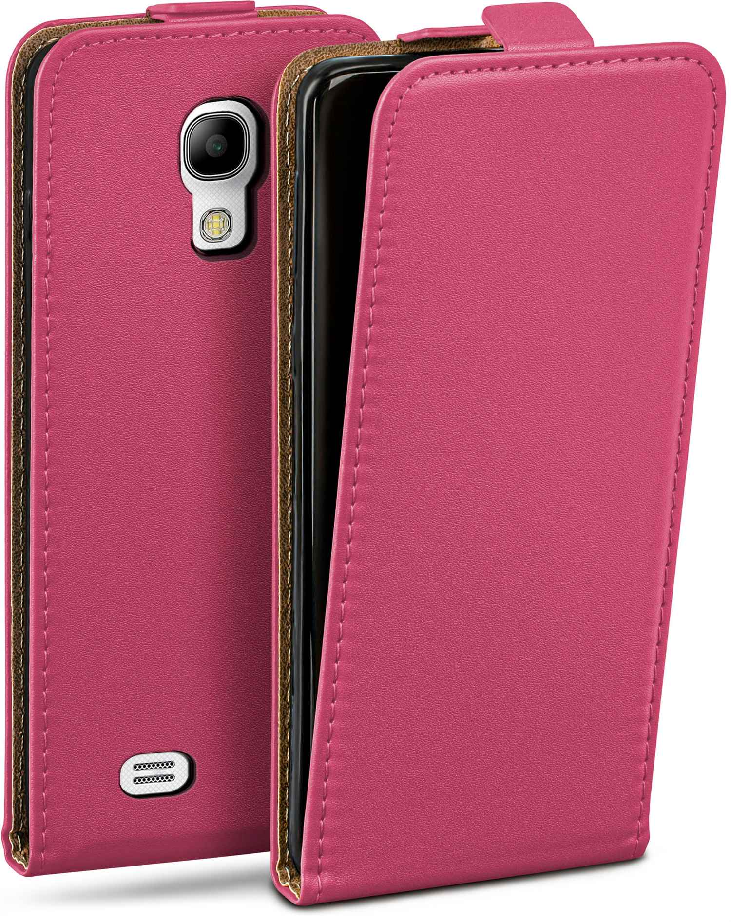 Rosa Handyhülle mit offenem Klappdeckel, der ein Telefon freilegt. Die Hülle ist lederartig mit Nähten.