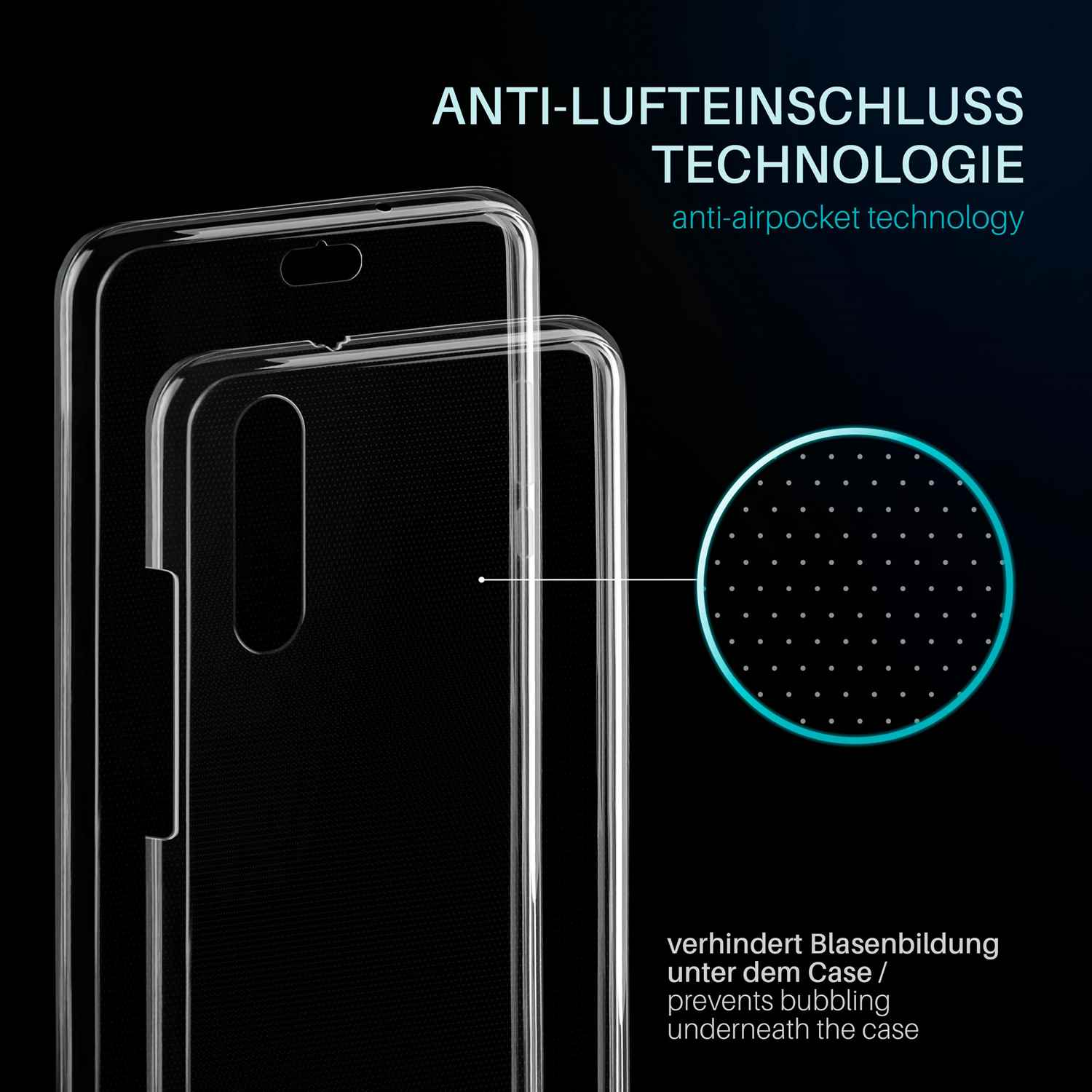 Zwei klare Handyhüllen, eine über der anderen, mit Anti-Luftblasen-Technologie und Text.