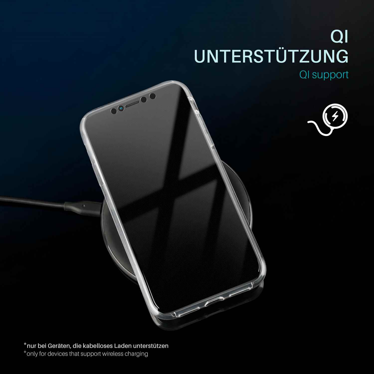 Ein Telefon in einer Hülle, das drahtlos auf einem Pad geladen wird, mit Text 'Qi-Unterstützung'.
