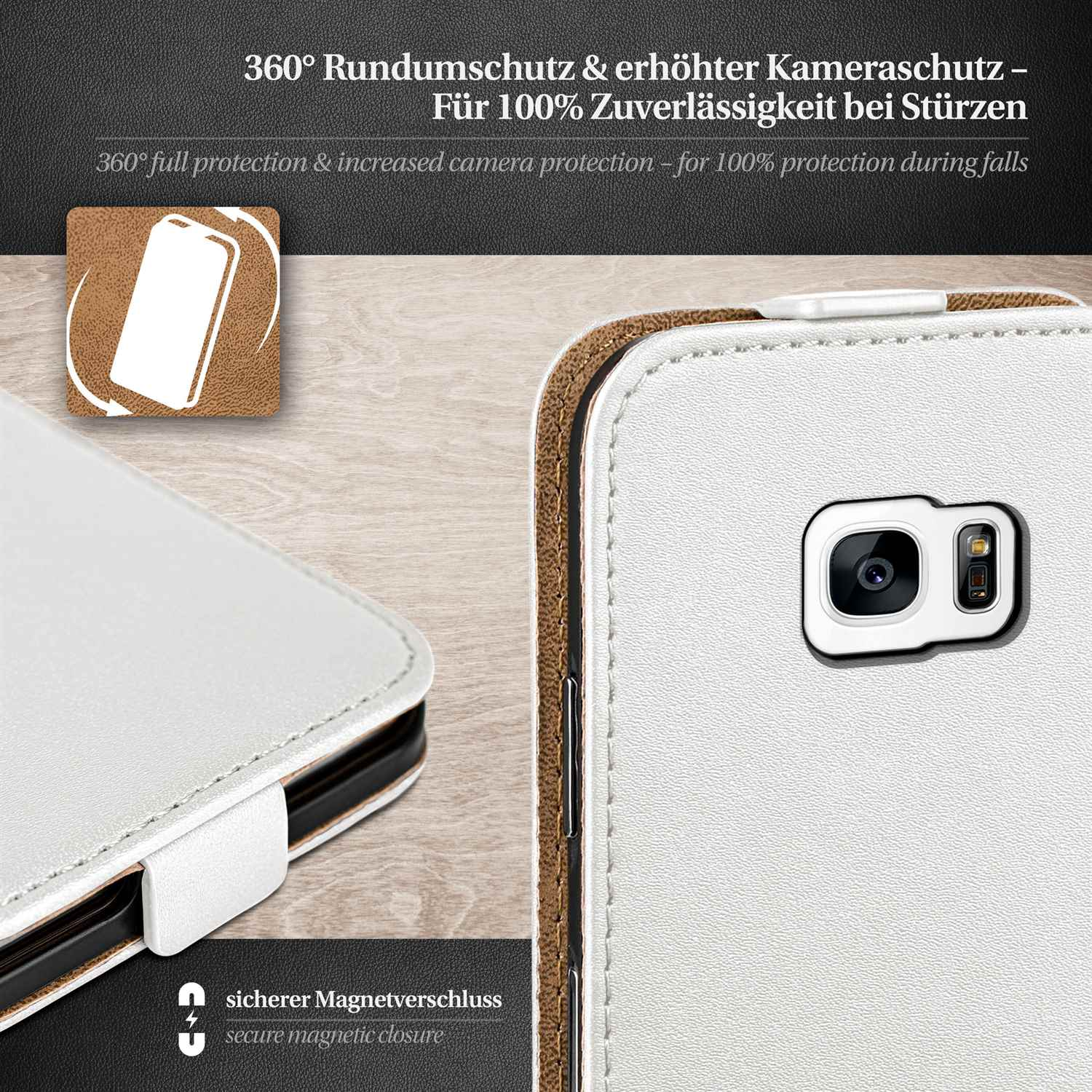 Weißes Handyhüllen-Detail. Die Hülle ist geöffnet und zeigt ein Telefon und einen Magnetverschluss.