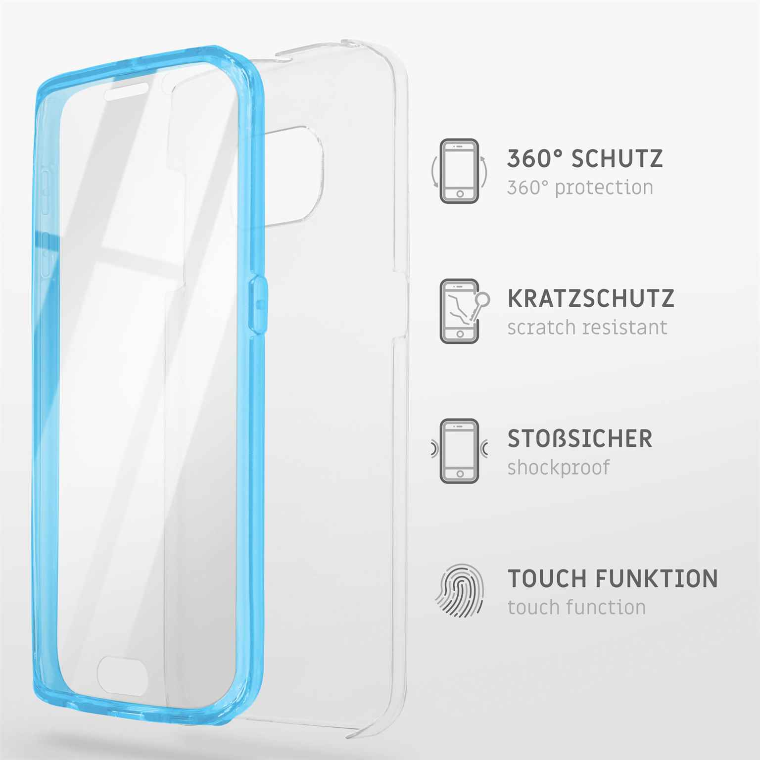 Transparente Handyhülle mit blauen Rändern. Text zeigt: 360° Schutz, kratzfest, stoßfest, Touch-Funktion.