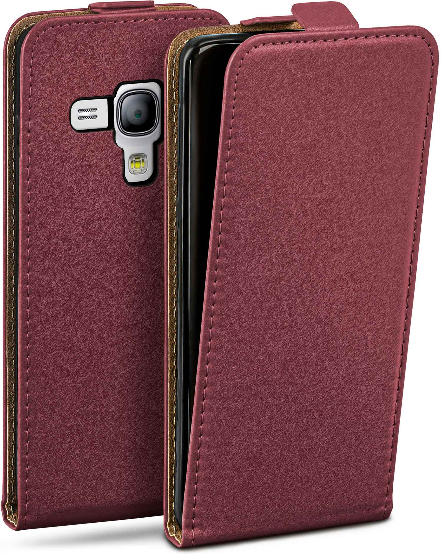 Rote Handyhülle mit offener Abdeckung, Telefon sichtbar.