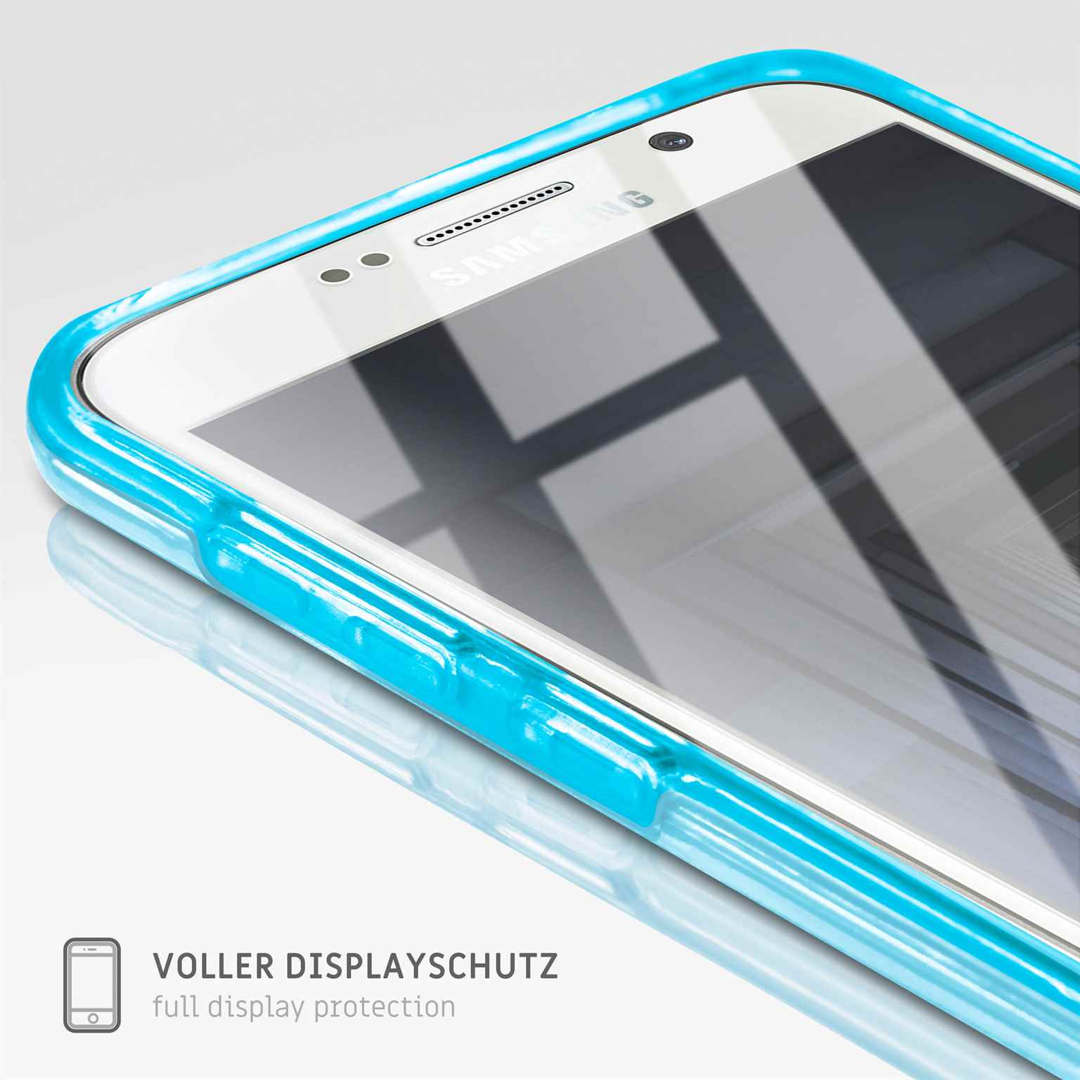 Das Telefon in einer blauen Hülle. Das Telefon wird aus verschiedenen Blickwinkeln gezeigt.