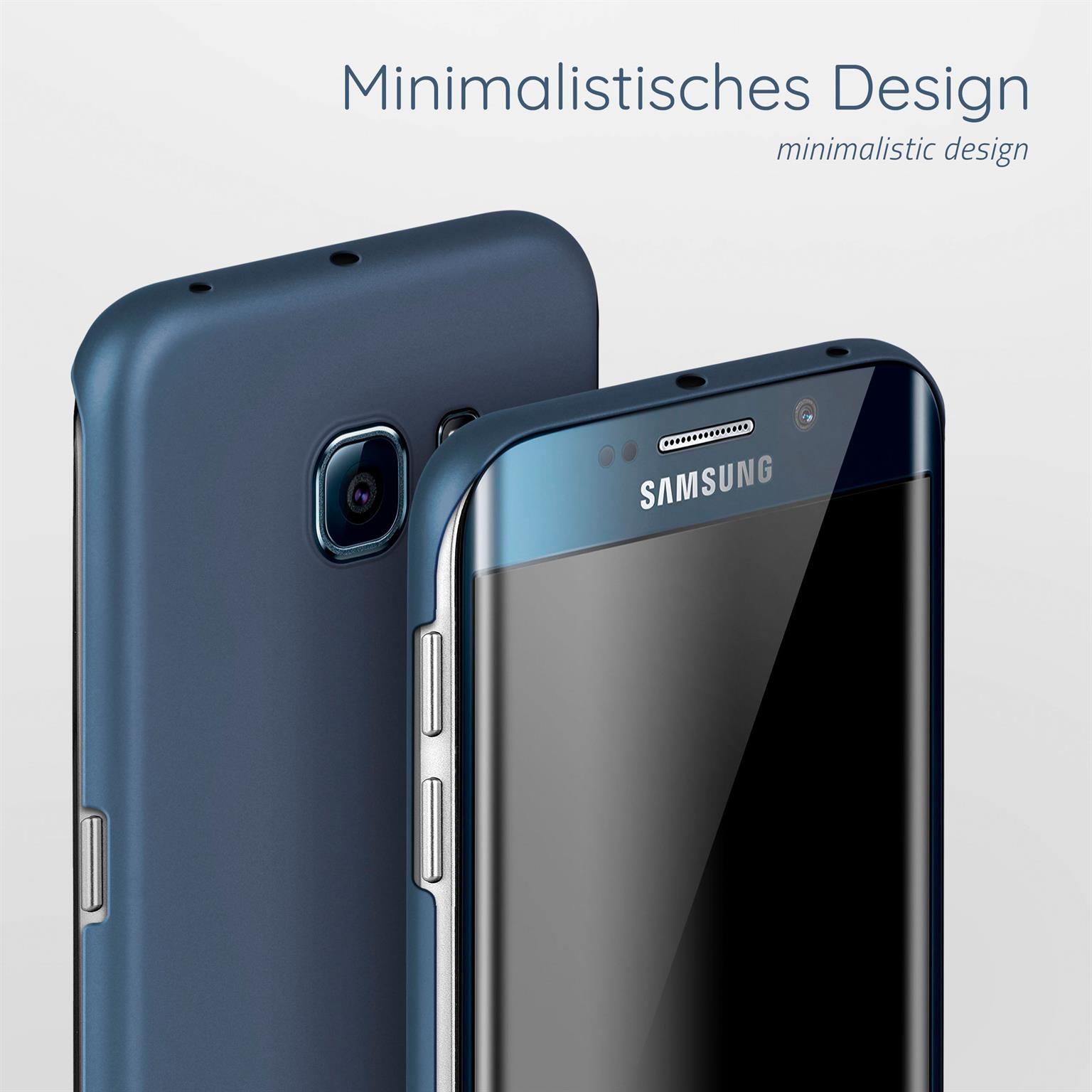 Zwei blaue Handyhüllen gestapelt, die obere zeigt das Samsung-Logo und das Edge-Design.