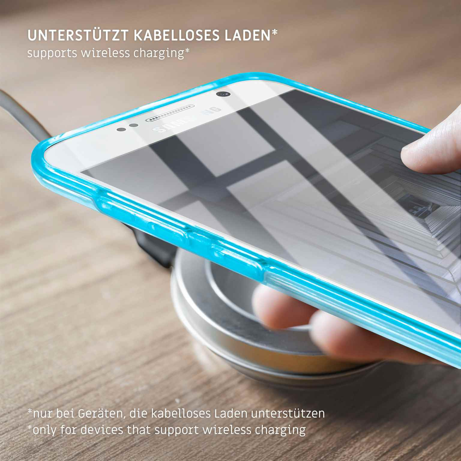 Telefon in Hülle auf kabellosem Ladegerät. Text: "UNTERSTÜTZT KABELLOSES LADEN", "supports wireless charging".
