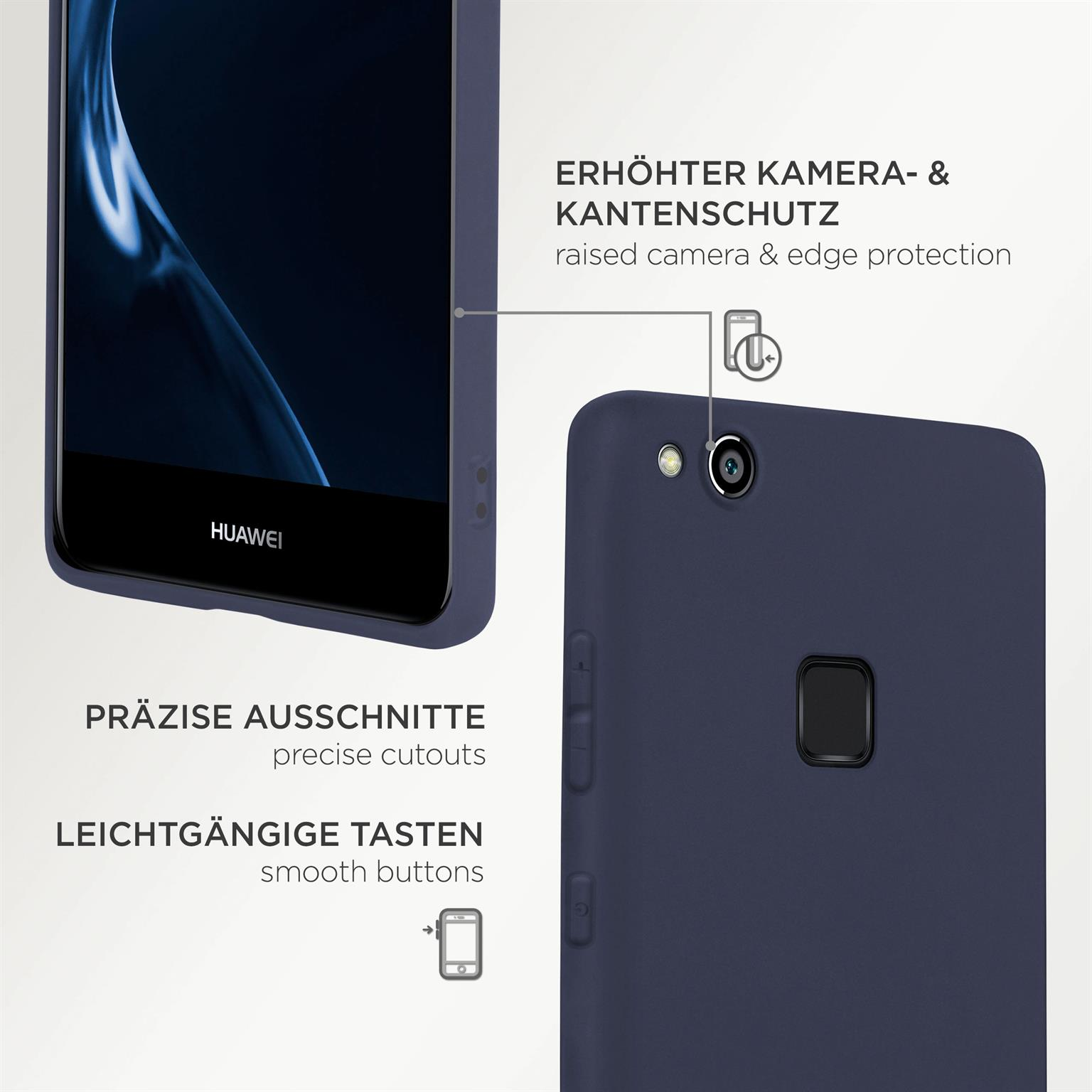 Dunkelblaue Handyhülle mit Huawei-Telefon. Präzise Aussparungen und glatte Tasten. Erhöhter Kameraschutz.