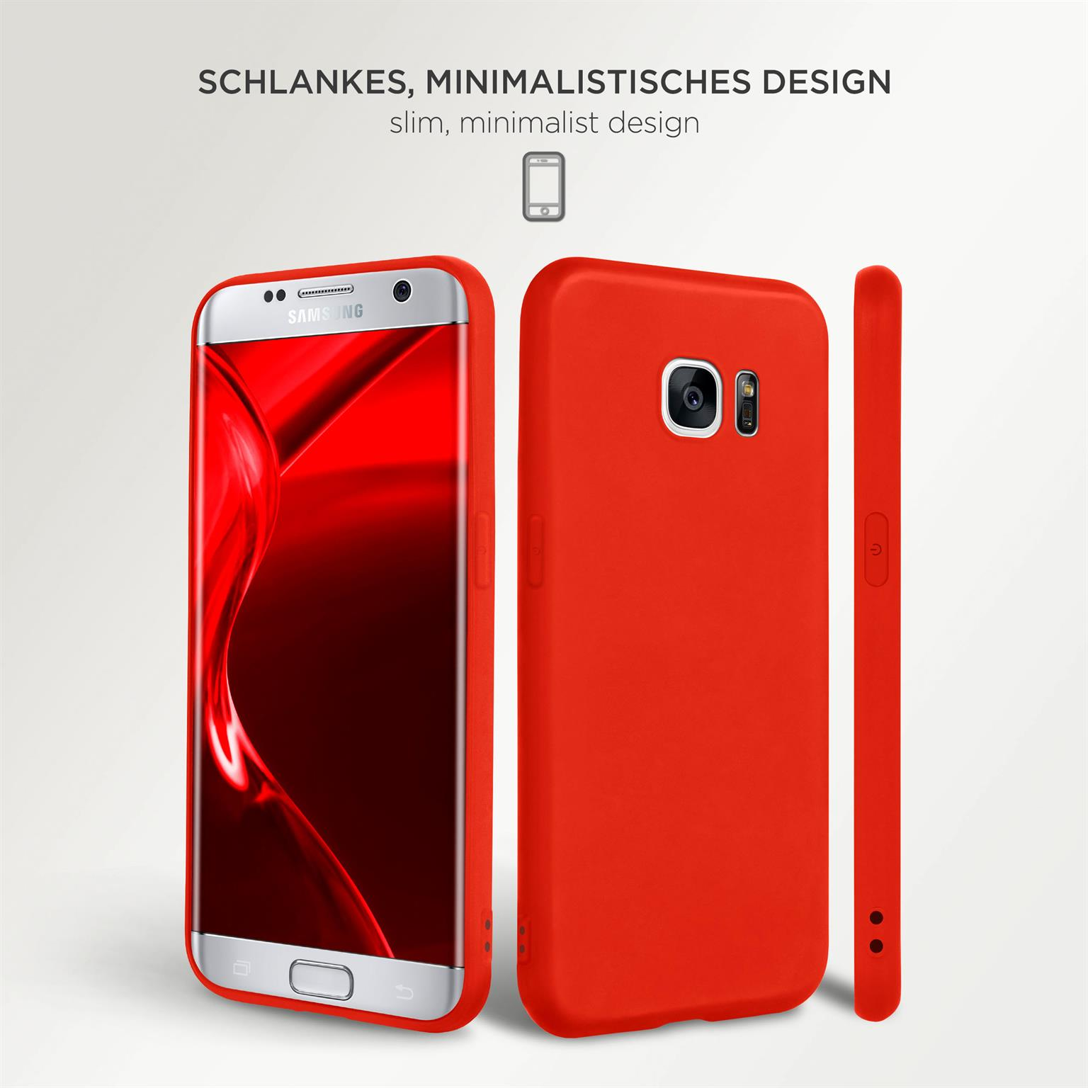 Rote Handyhülle mit Telefon links und zwei anderen Ansichten. Schlankes, minimalistisches Design.