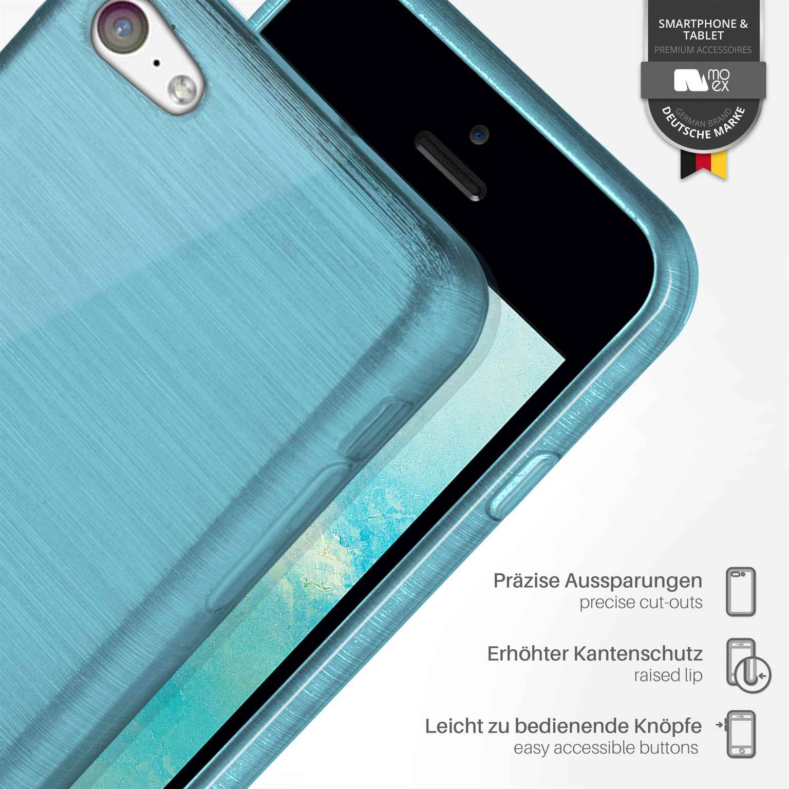 Nahaufnahme einer hellblauen Handyhülle mit einem silbernen Telefon darin, mit Ausschnitten und erhöhten Rändern.
