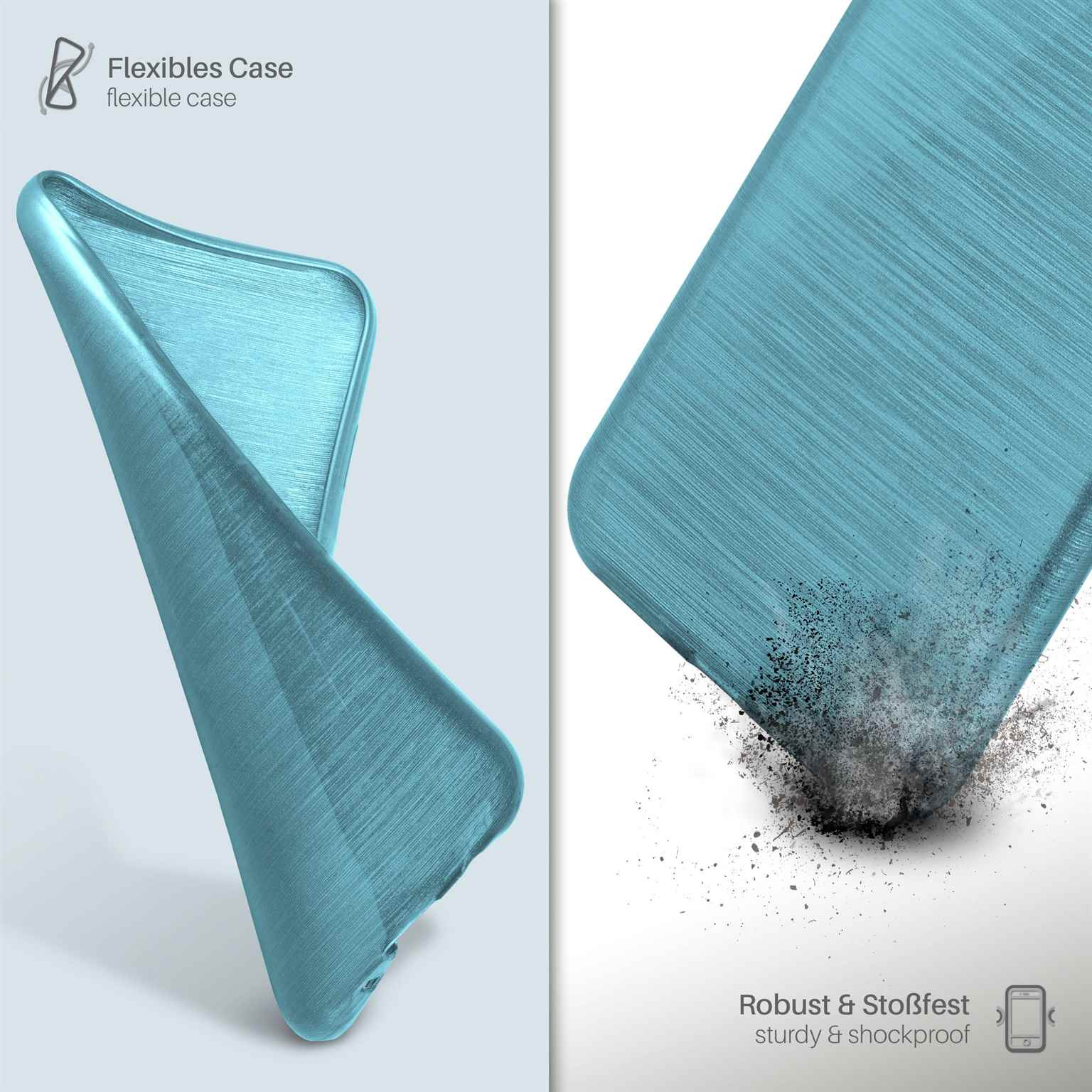 Blaue Handyhülle. Staubpartikel fallen. Weißer Hintergrund. Hülle ist flexibel.