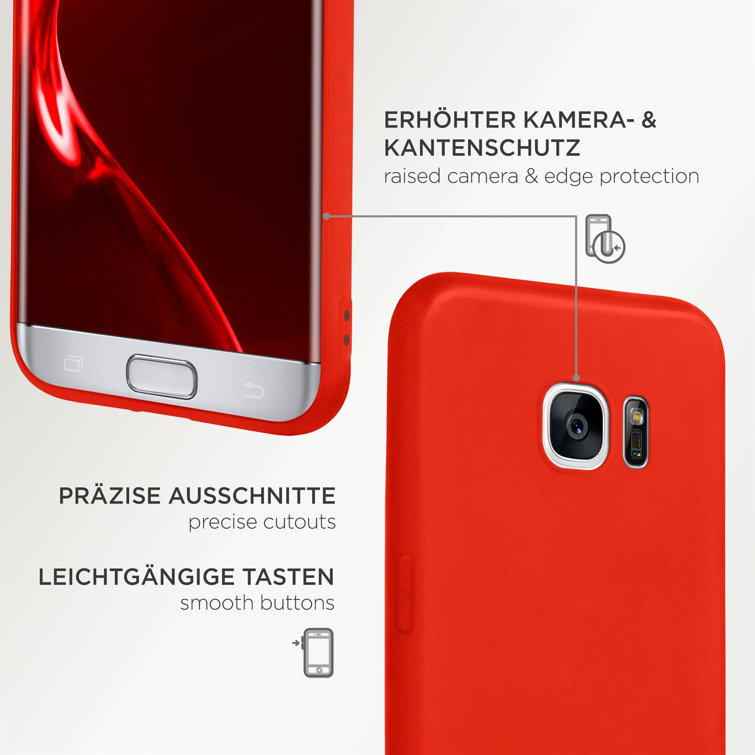 Rote Handyhülle mit präzisen Aussparungen und glatten Tasten.