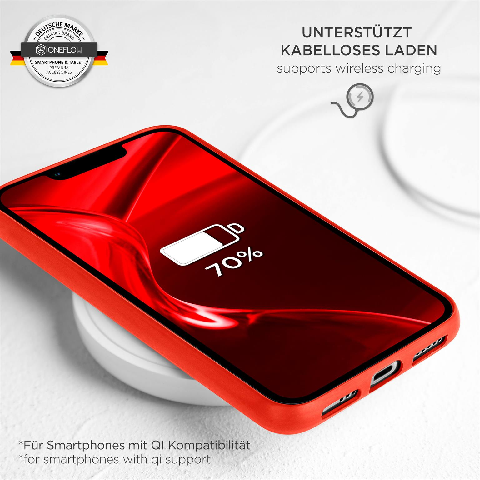 Rote Handyhülle mit weißem Akkusymbol auf dem Telefon. Kabelloses Laden.