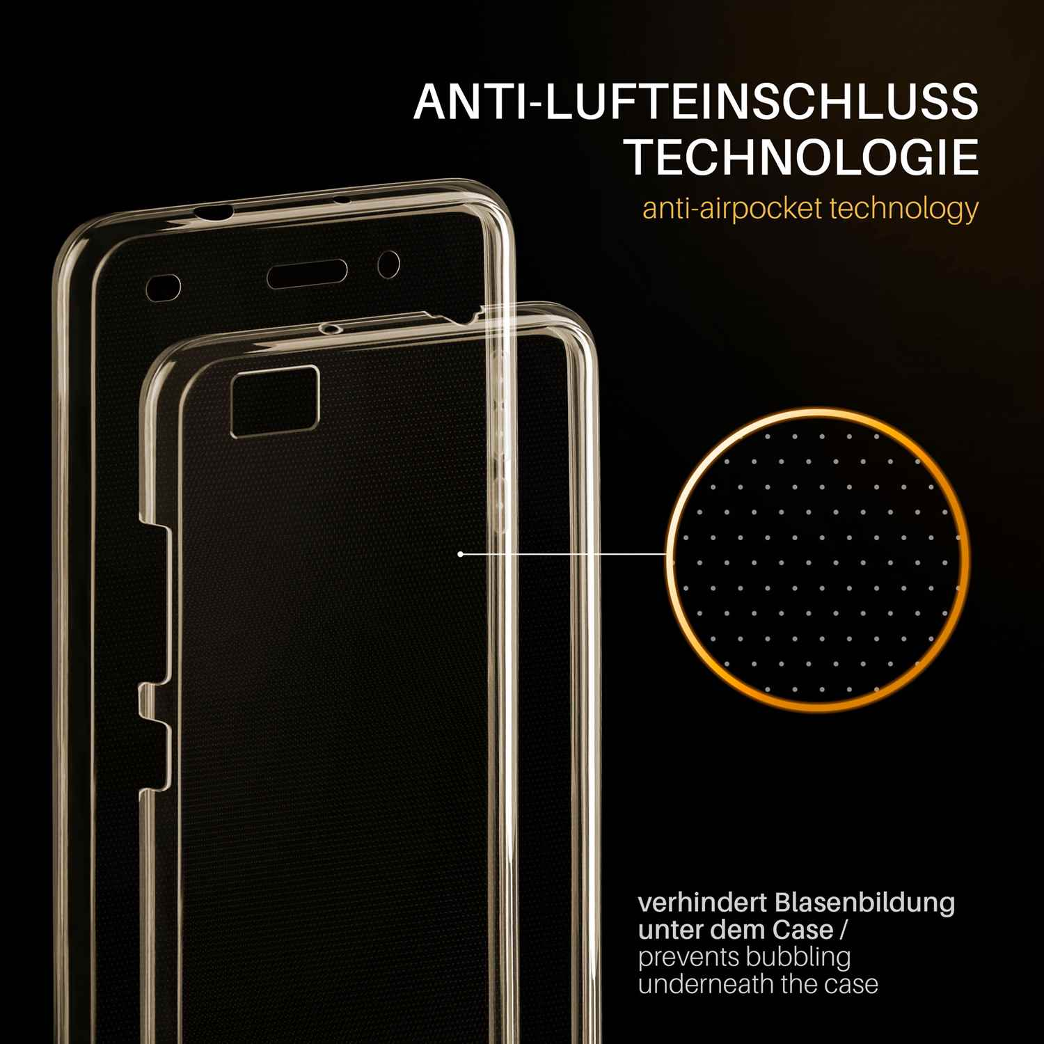 Transparente Handyhülle auf schwarzem Hintergrund. Text über Anti-Lufteinschluss-Technologie.