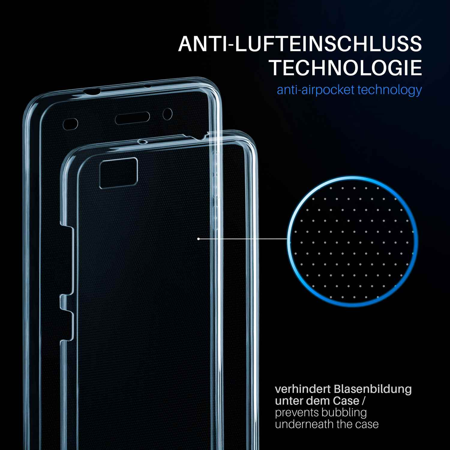 Transparente Handyhülle mit Text, Diagramm und Telefonumriss. Die Hülle verhindert Luftblasen.