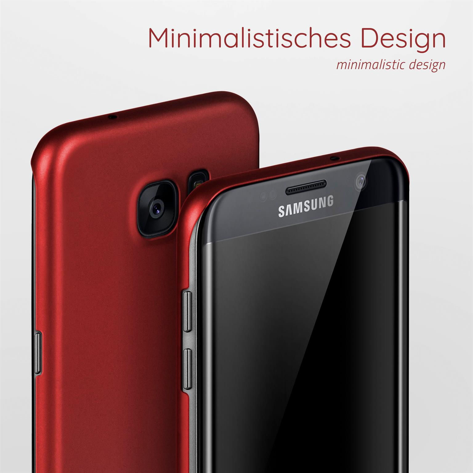 Rote Handyhülle auf einem schwarzen Telefon. Das Telefon ist rechts, mit hellem Hintergrund.