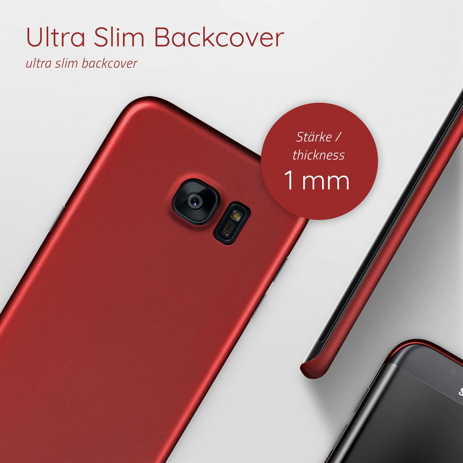 Rote Handy-Rückseite mit Kamera, Dicke 1 mm, mit einem schwarzen Telefon in der Nähe.