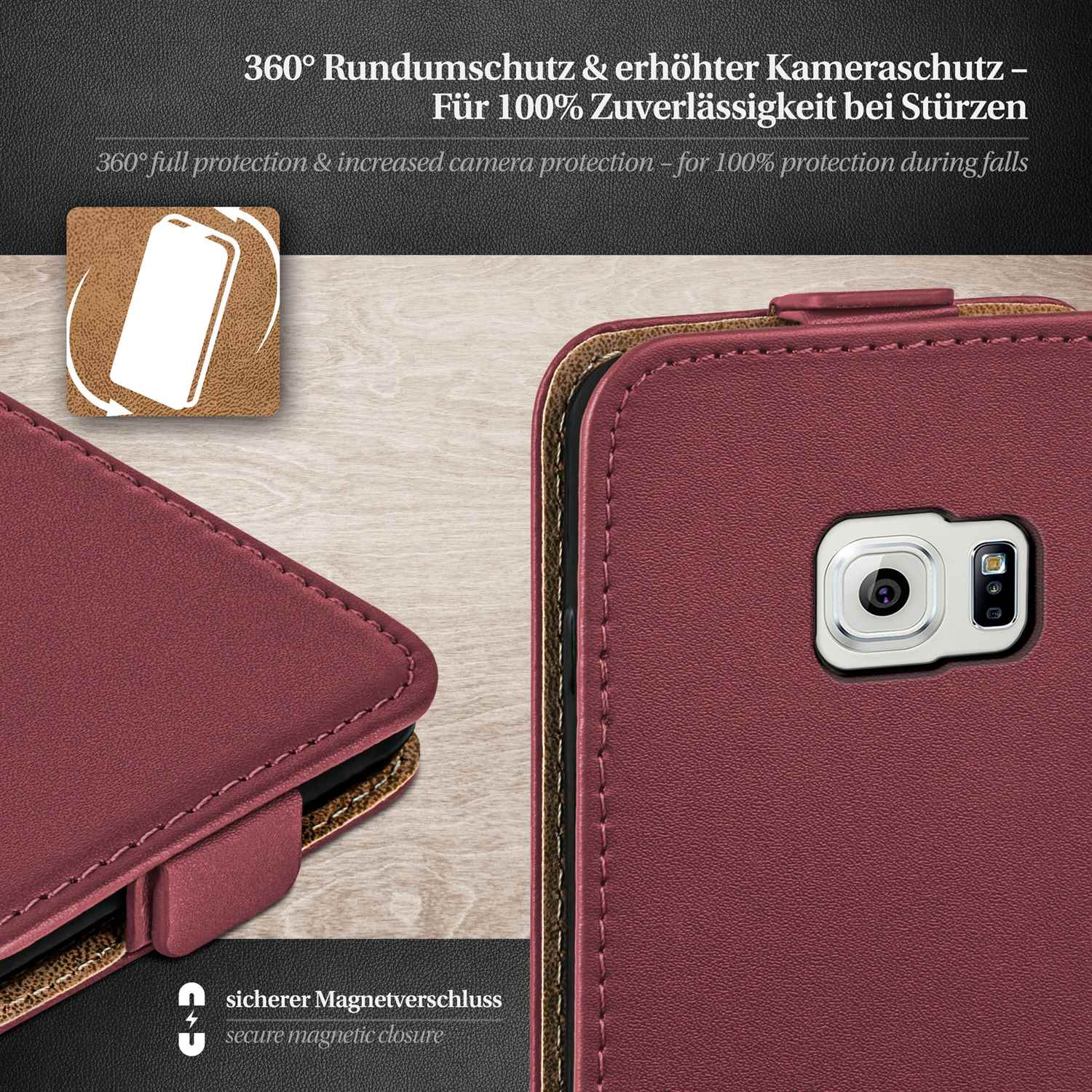 Rotbraune Handyhülle mit Magnetverschluss und Telefon. Text: 360° Schutz und sicherer Verschluss.