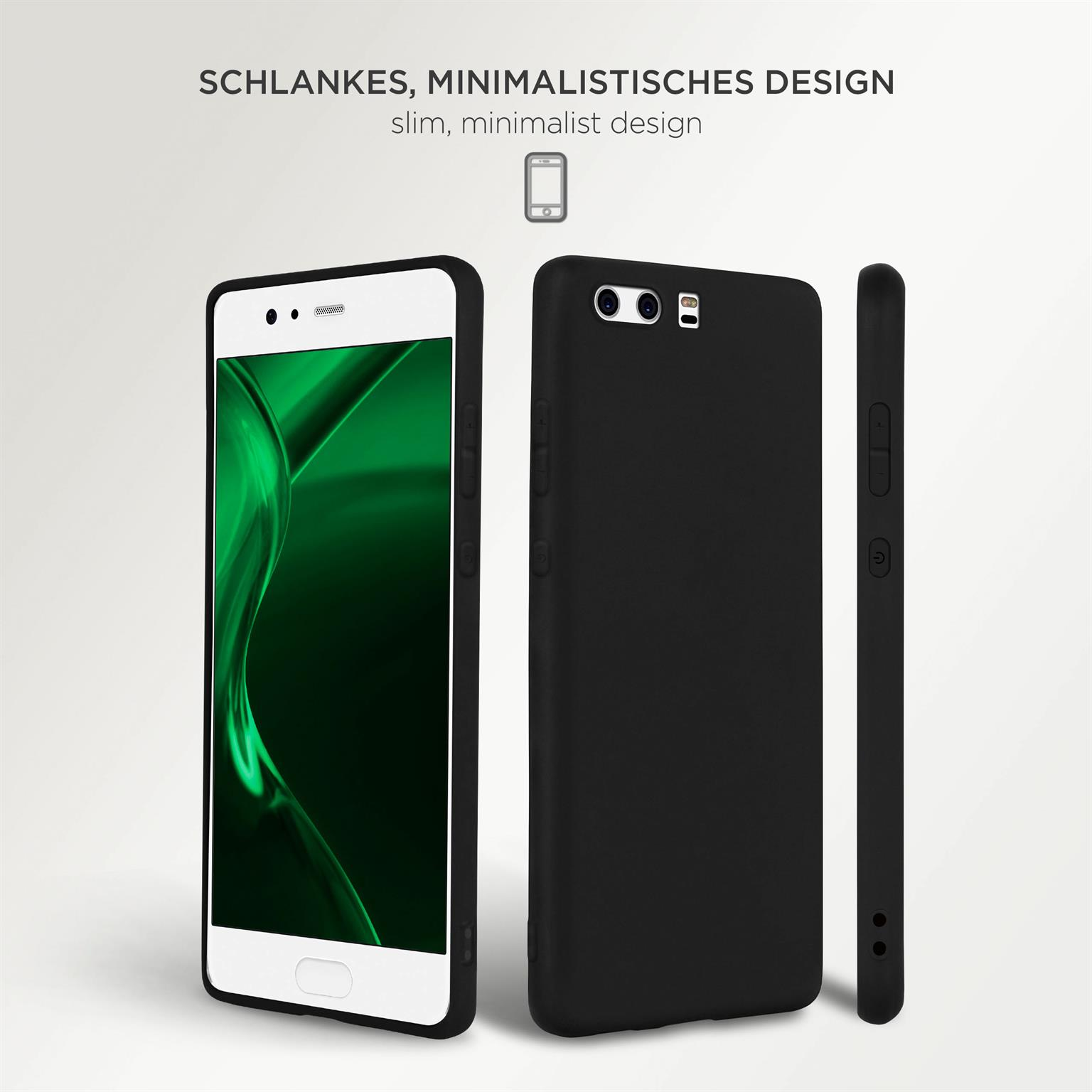Drei schwarze Handyhüllen, eine mit Telefon, die ein schlankes, minimalistisches Design zeigen.