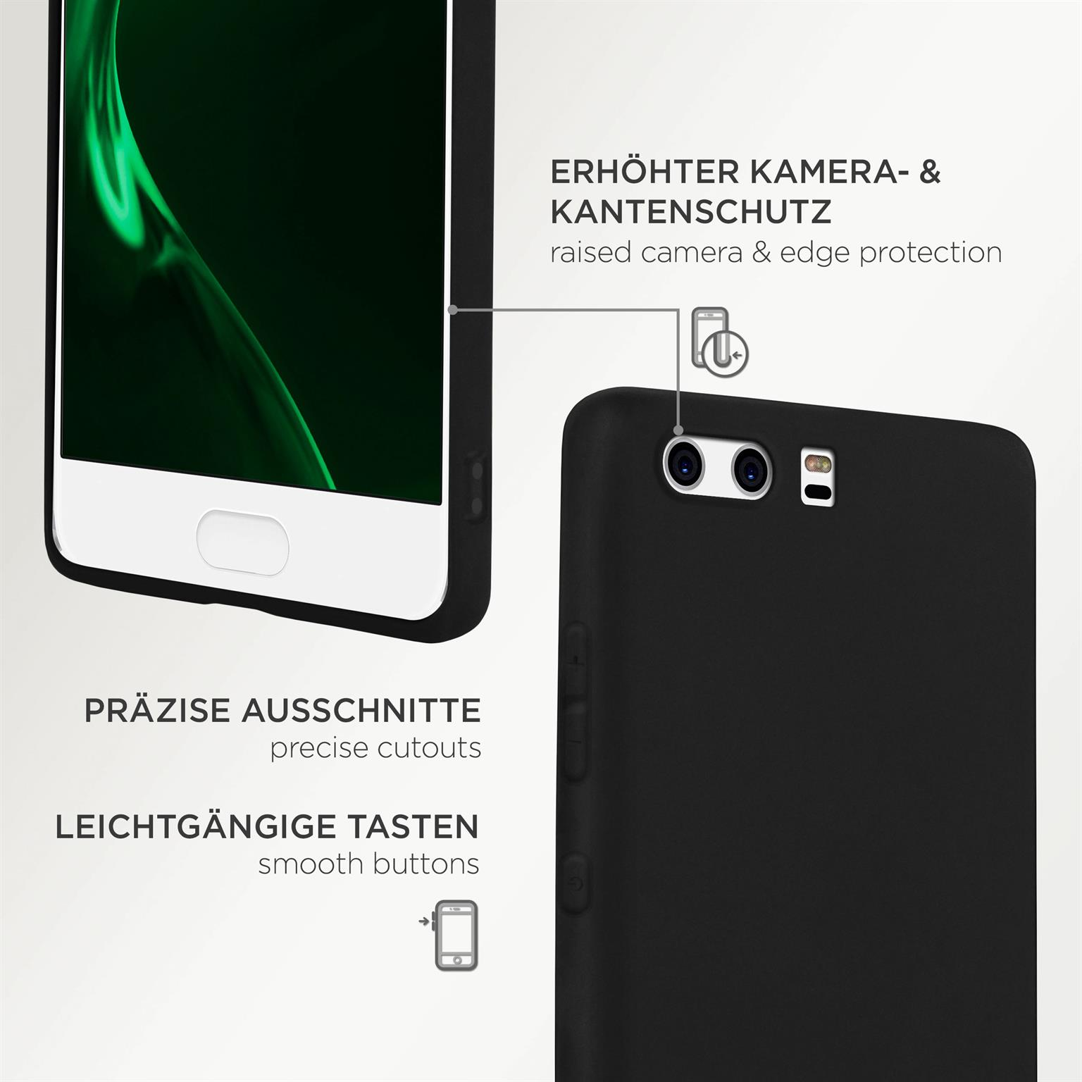 Schwarze Handyhülle mit Text und Funktionen auf weißem Hintergrund.