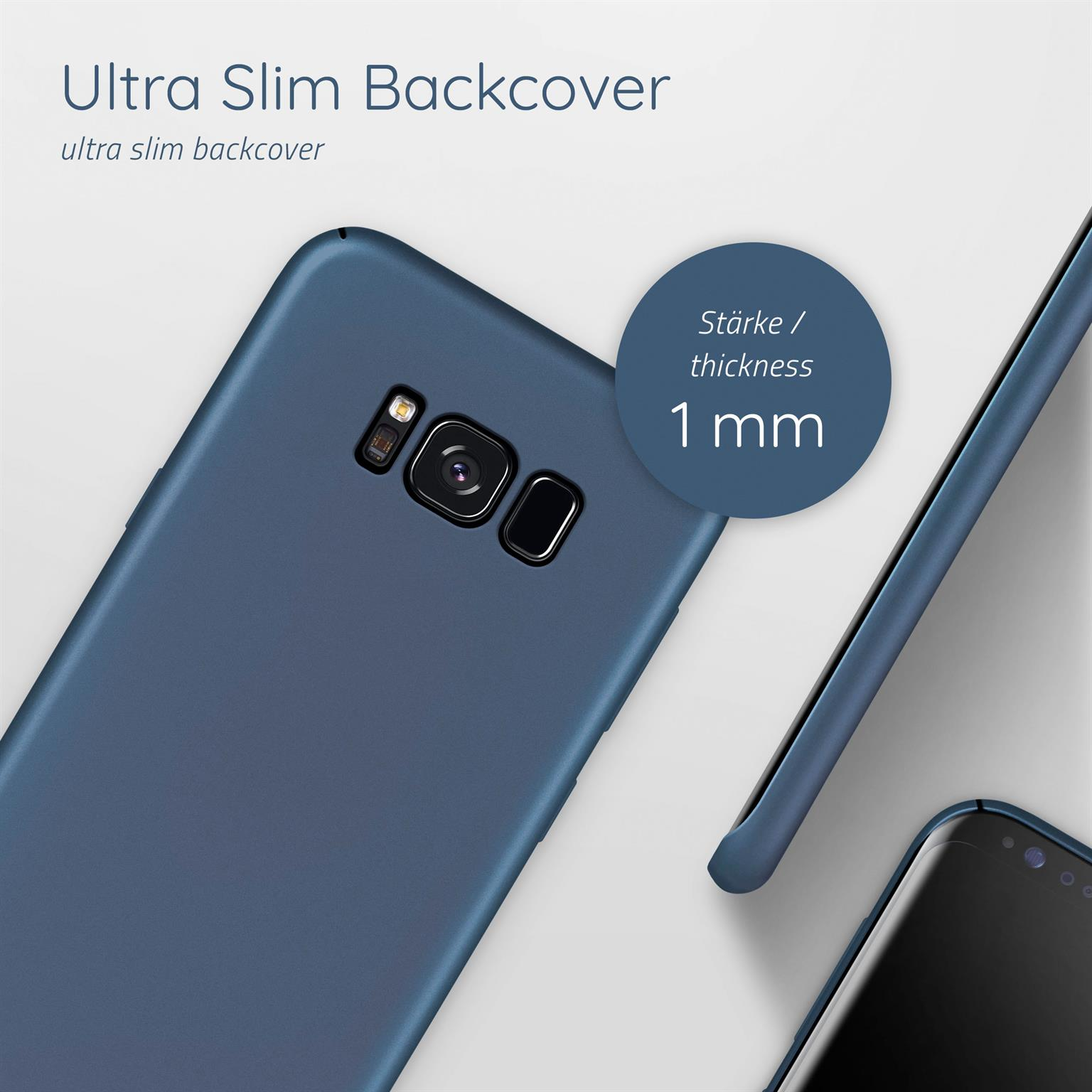 Blaue Handyhülle auf einem Telefon. Text zeigt 1 mm Dicke an.