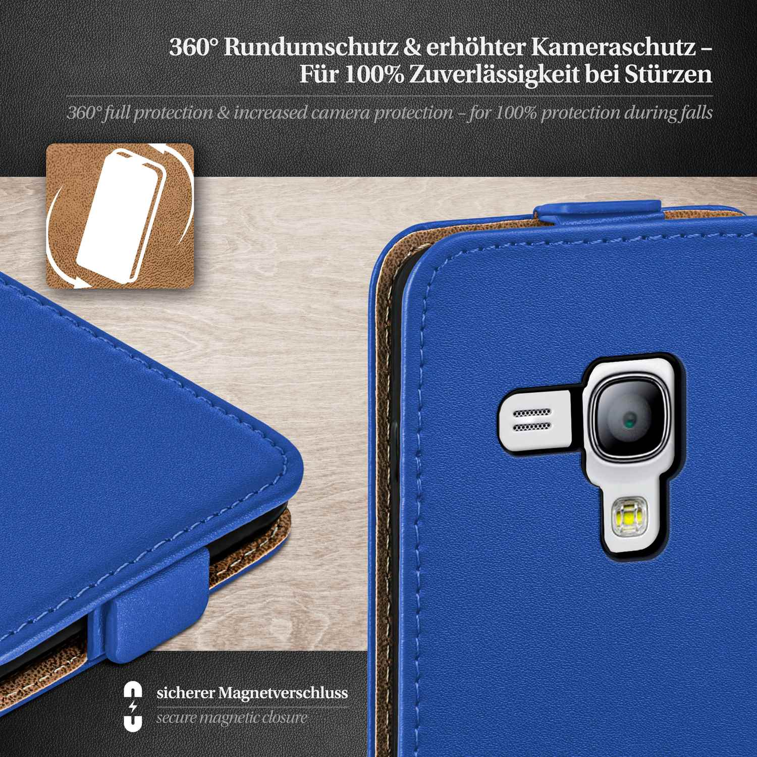 Eine blaue Handyhülle mit Nahaufnahme, die Details zeigt, einschließlich eines Magnetverschlusses. Der Text beschreibt den Schutz.