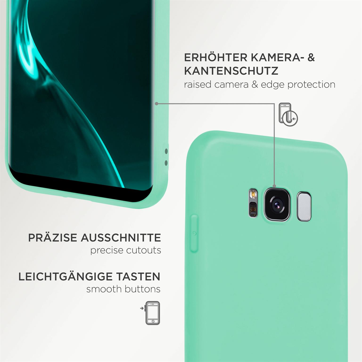 Minzfarbene Handyhülle mit Kamera- und Kantenschutz. Präzise Aussparungen und glatte Tasten.