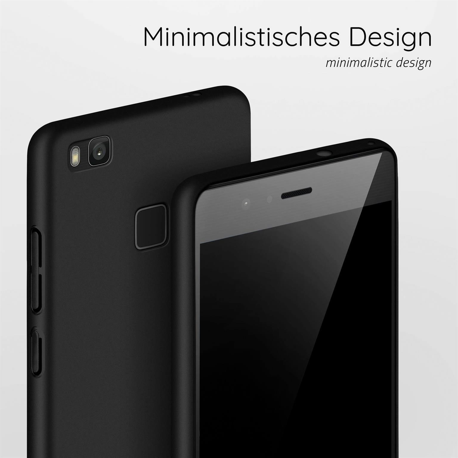 Schwarze Handyhüllen, eine zeigt die Rückseite und die andere die Vorderseite.