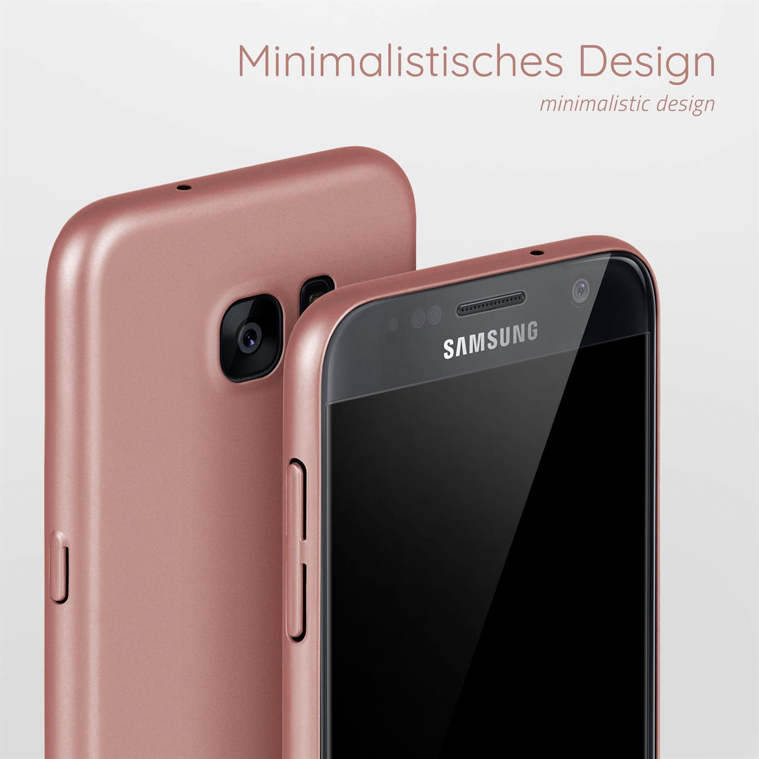 Zwei rosafarbene Telefone, eines zeigt Kamera und Tasten. Text: Minimalistisches Design.