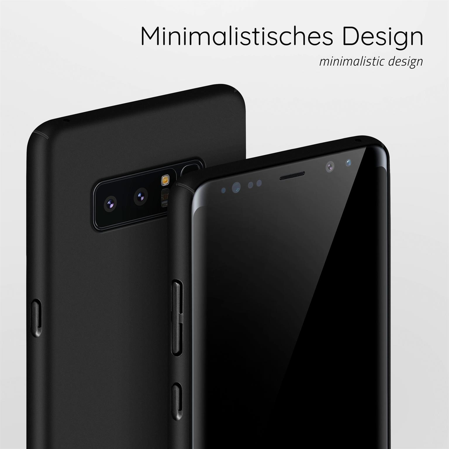 Zwei schwarze Telefone, eins in einer Hülle, Text: 'Minimalistisches Design.'