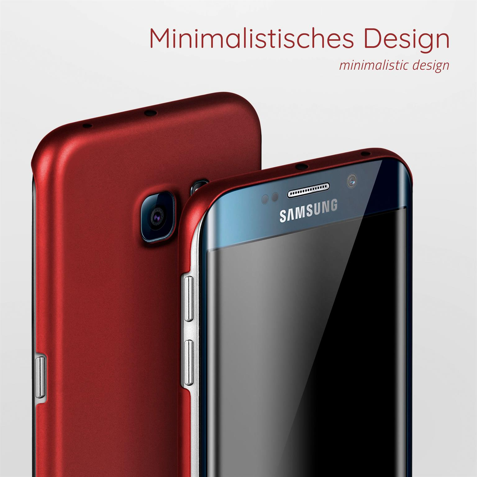 Eine rote Handyhülle und ein Telefon, mit minimalistischem Design und dunklem Bildschirm.