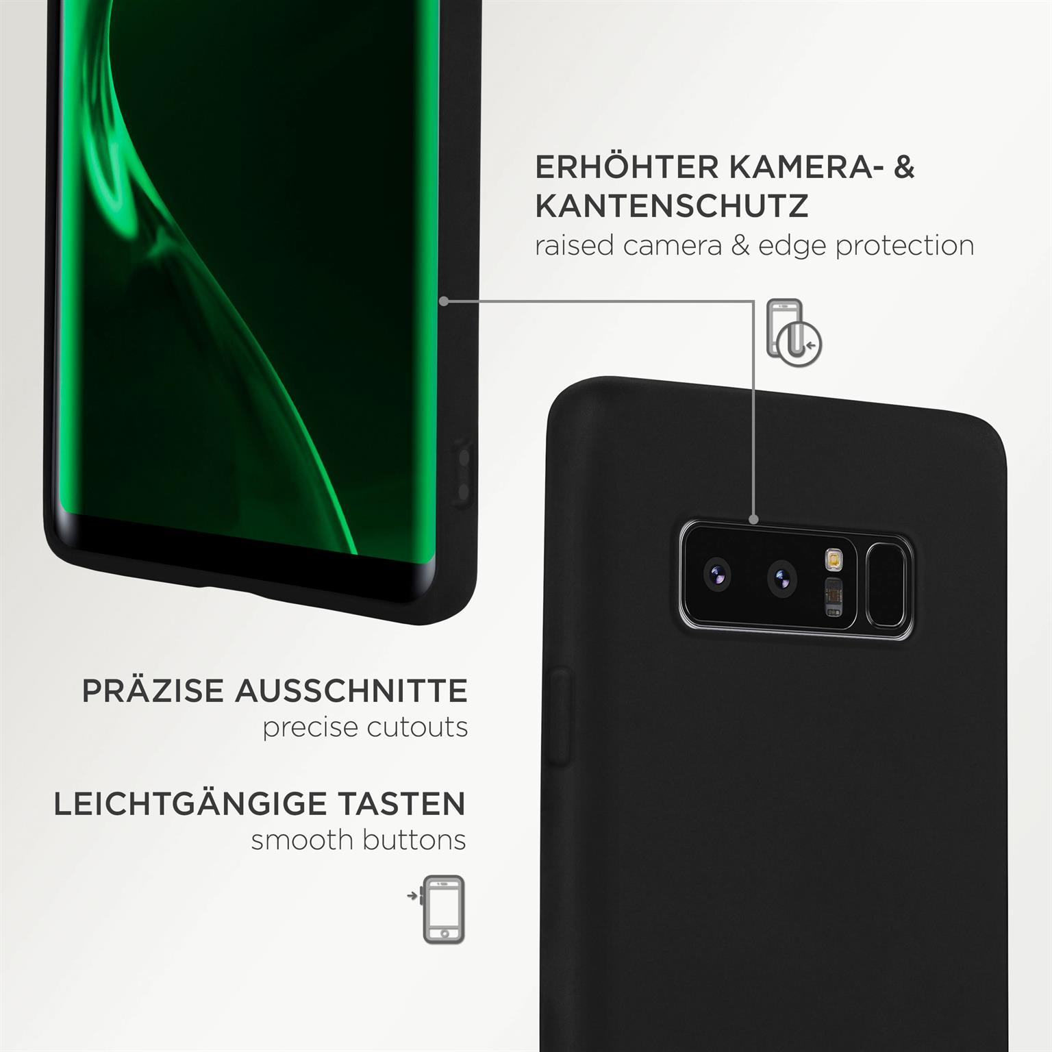 Schwarzes Telefon in Hülle mit Kamera und Knöpfen. Text: Präzise Aussparungen, leichtgängige Tasten.