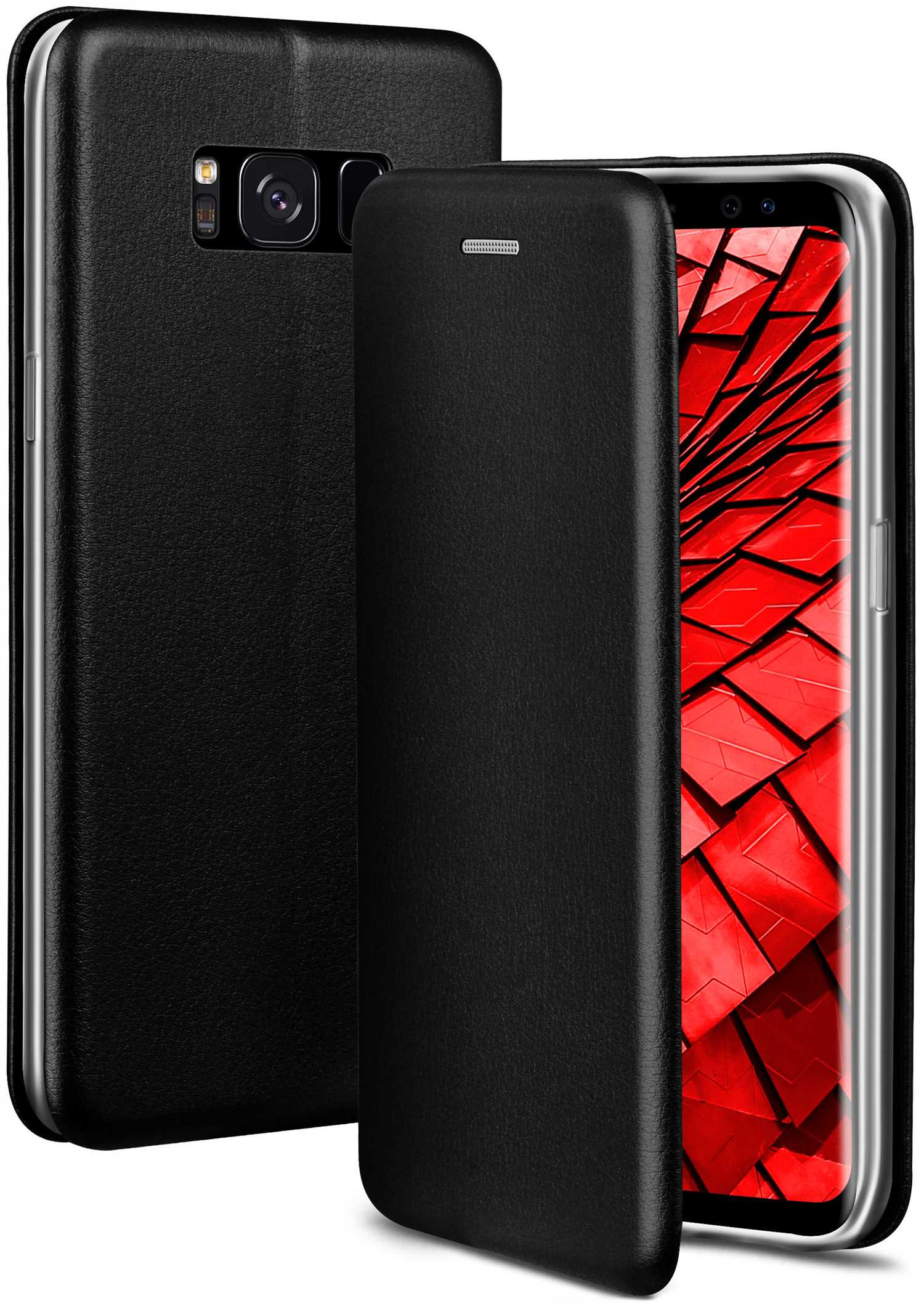 Schwarze Handyhülle, offen, zeigt das Telefon. Roter und schwarzer Hintergrund sichtbar.