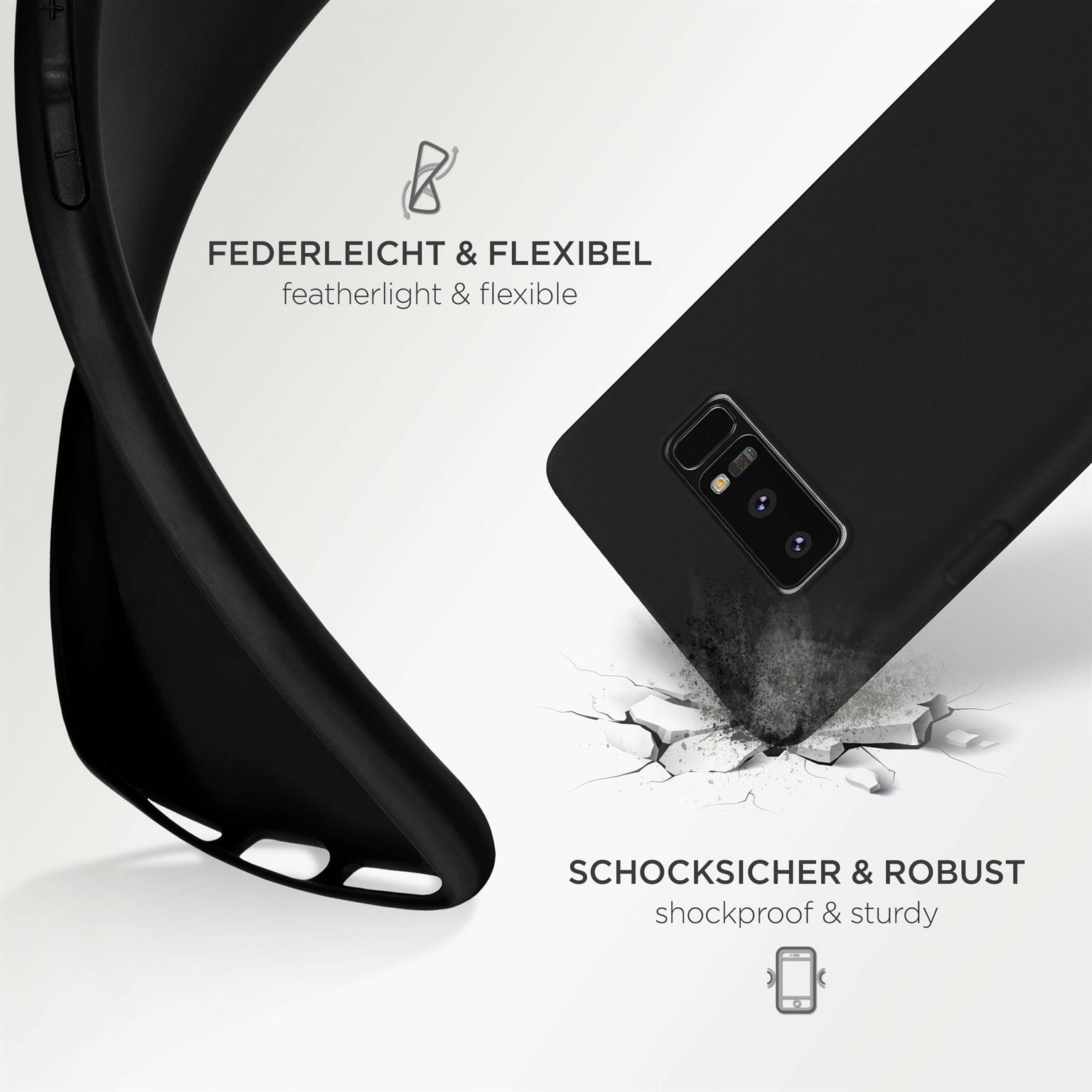 Schwarze Handyhülle mit einem schwarzen Telefon darin. Die Hülle scheint flexibel und robust zu sein.
