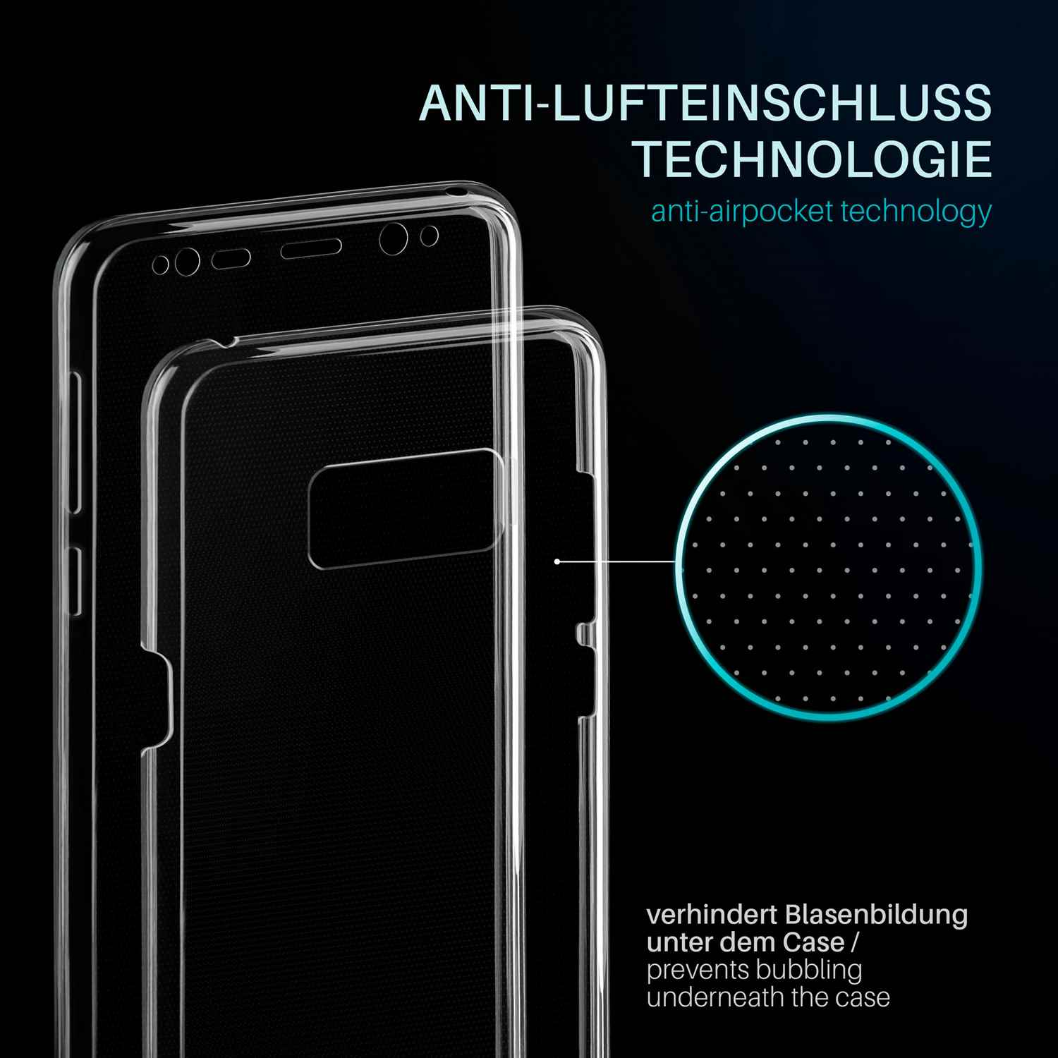 Transparente Handyhülle, mit Lufttaschentechnologie, verhindert Blasenbildung. Kreis mit Punkten blau.