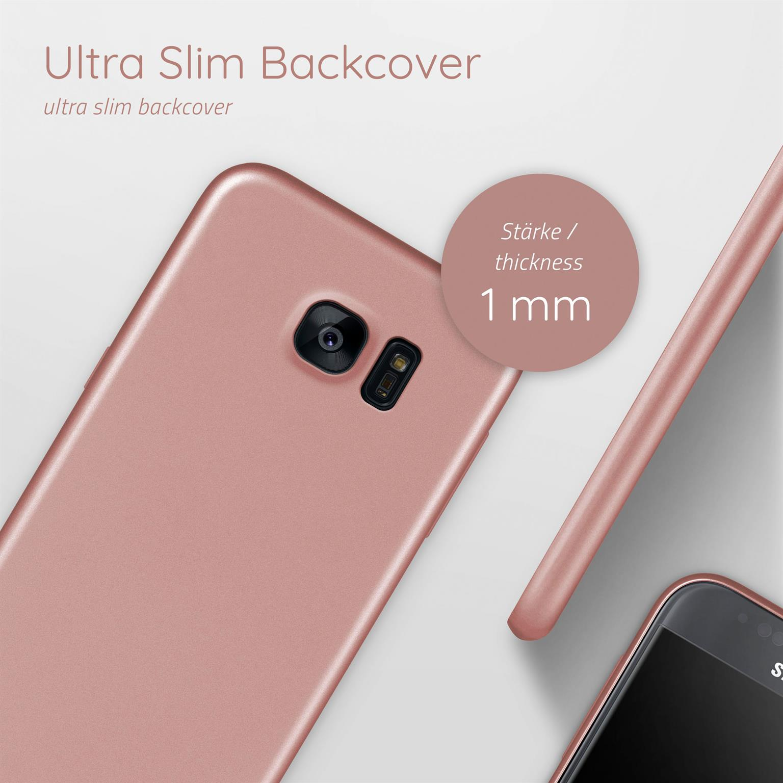 Rückseite des roségoldenen Telefons, mit Details zur Dicke.